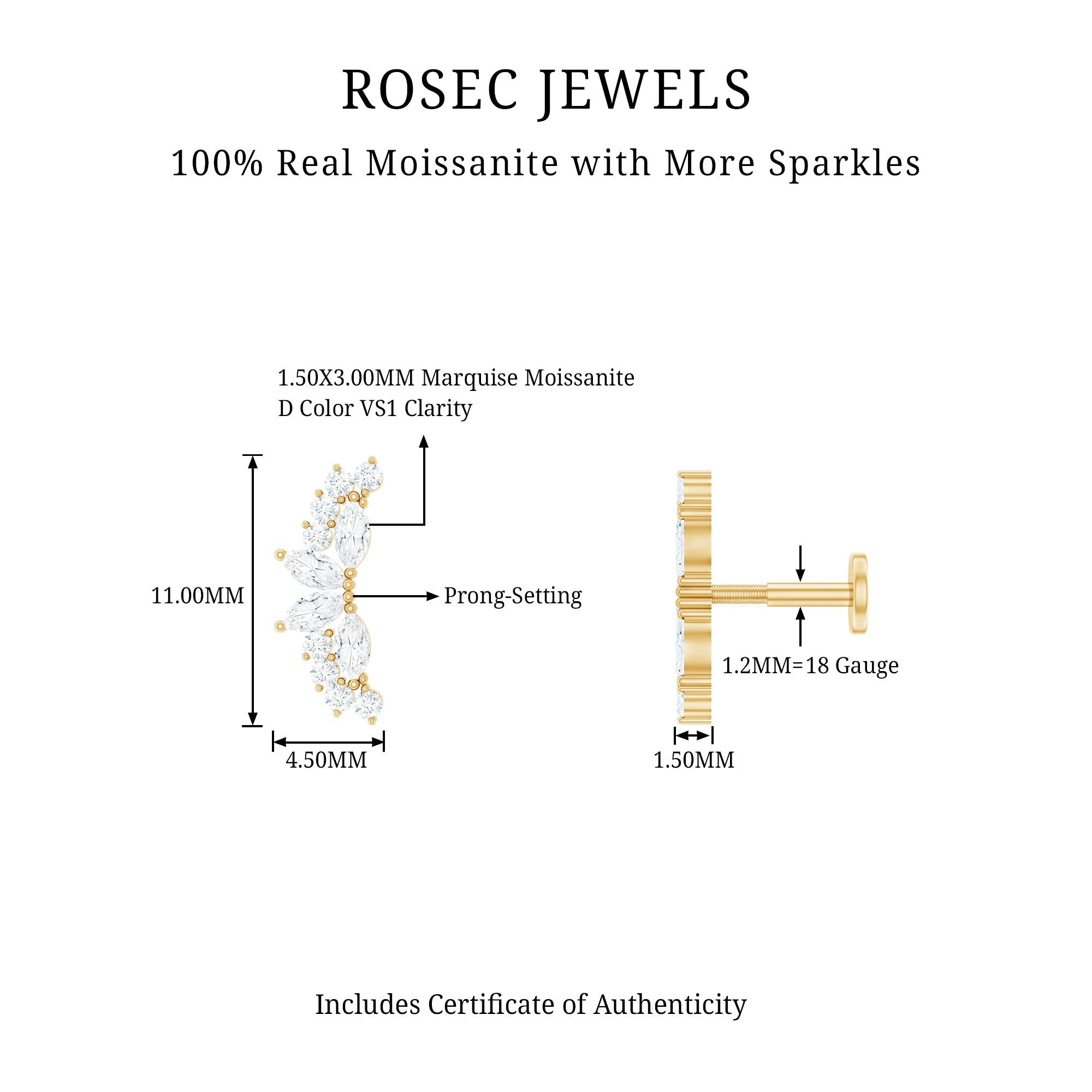 Marquise and Round Moissanite Unique Crawler Earring