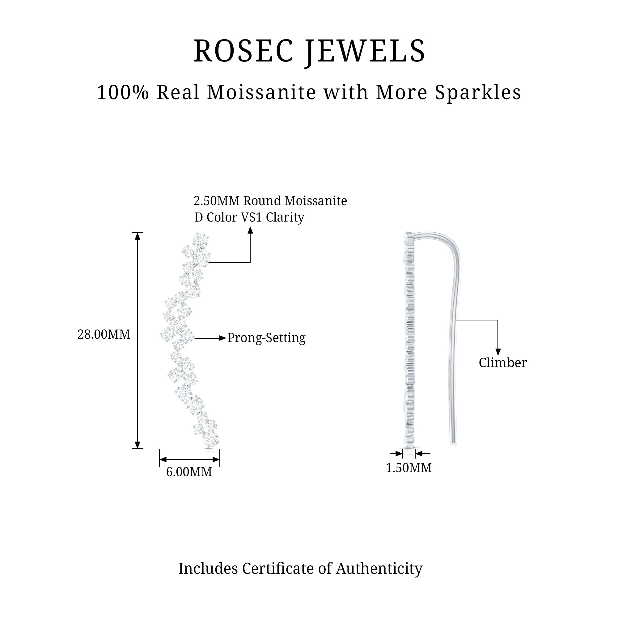 Certified Round Moissanite Cluster Climber Earring