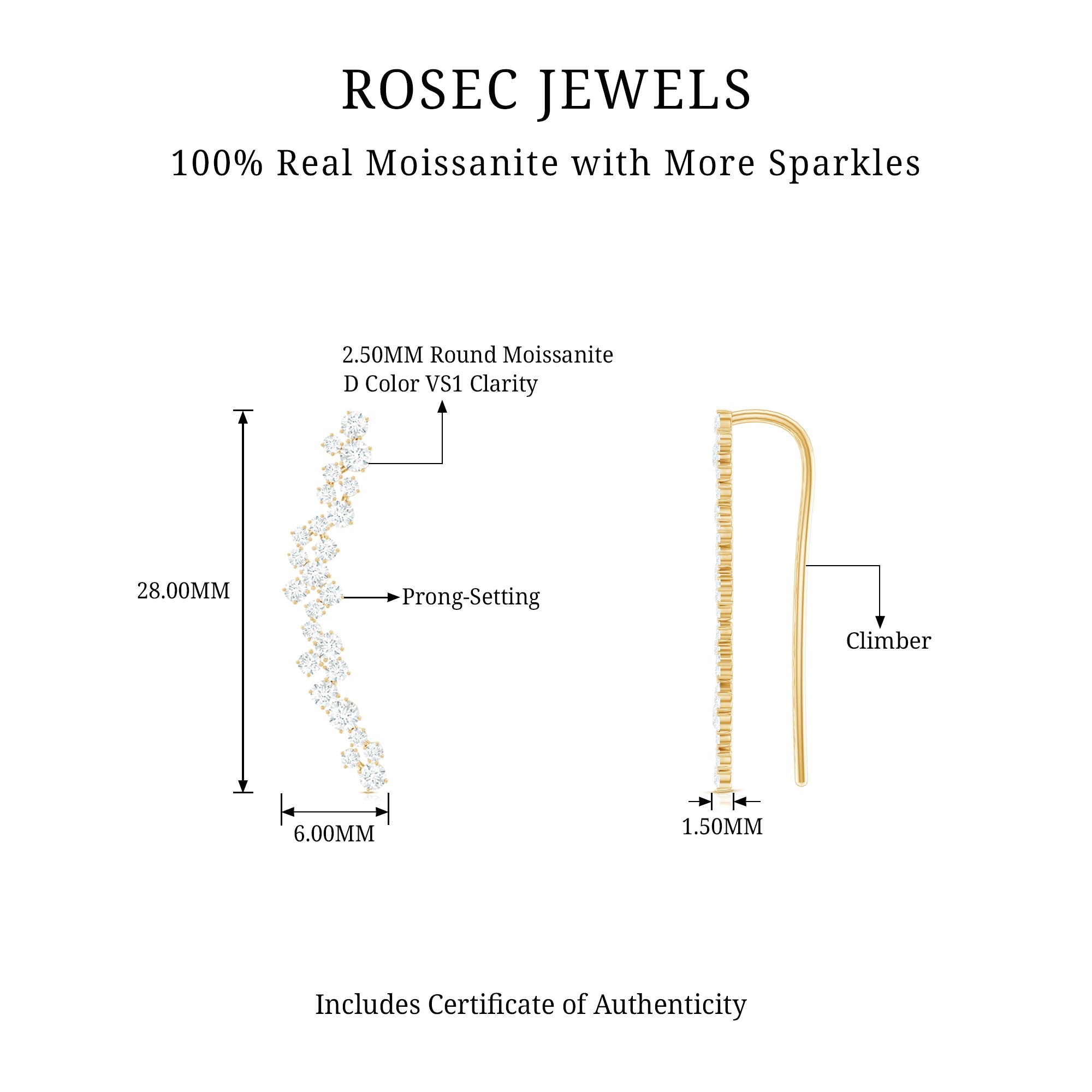 Certified Round Moissanite Cluster Climber Earring