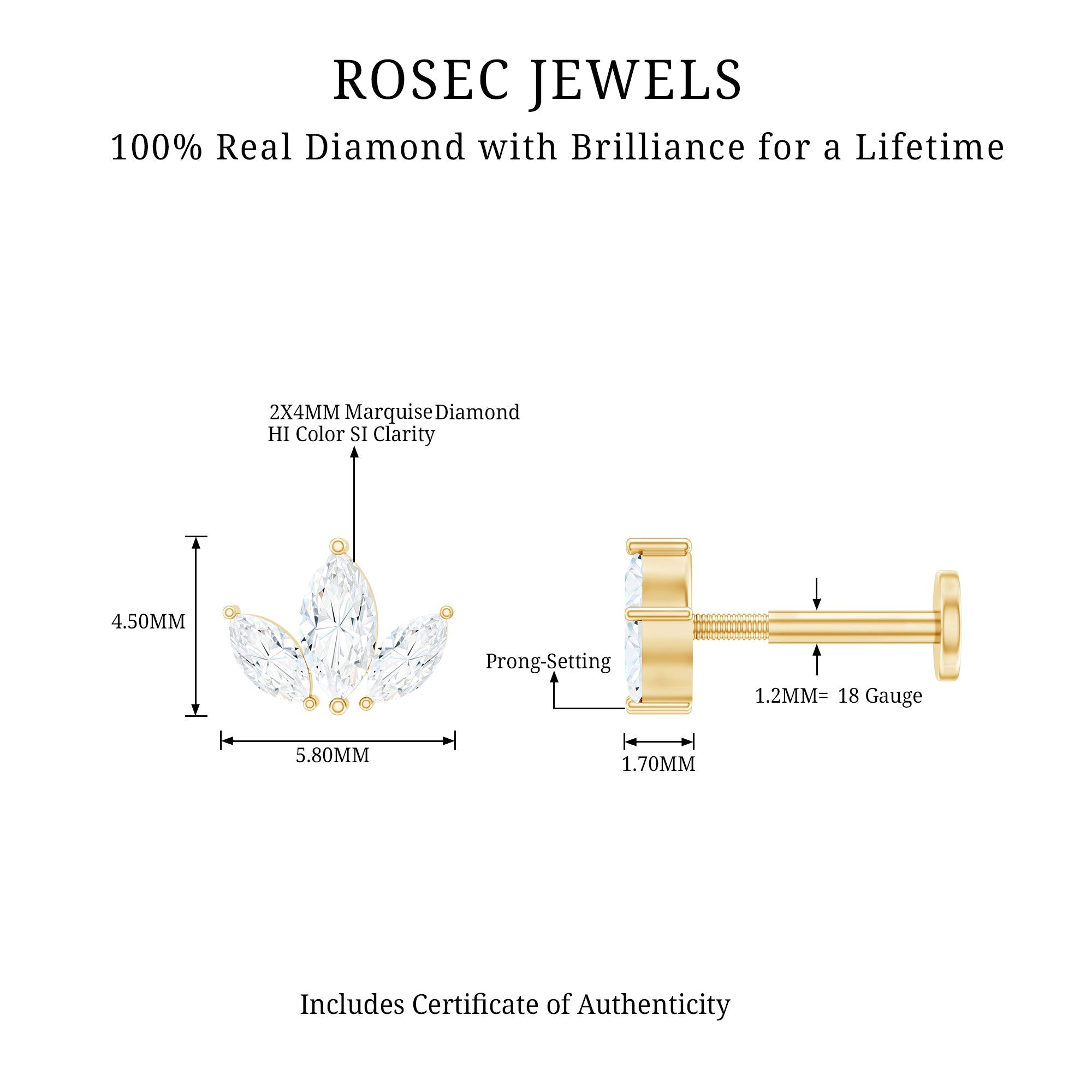 Marquise Cut Diamond Lotus Flower Earring for Helix Piercing