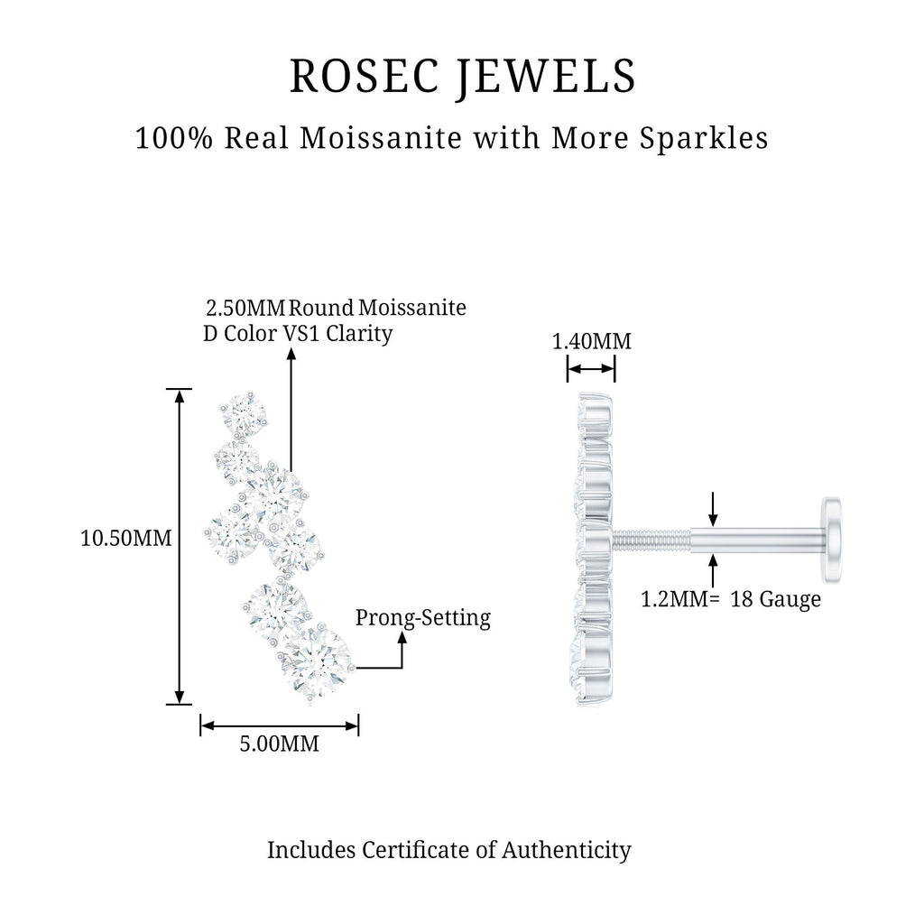 Round Moissanite Cluster Ear Crawler Earring for Helix Piercing