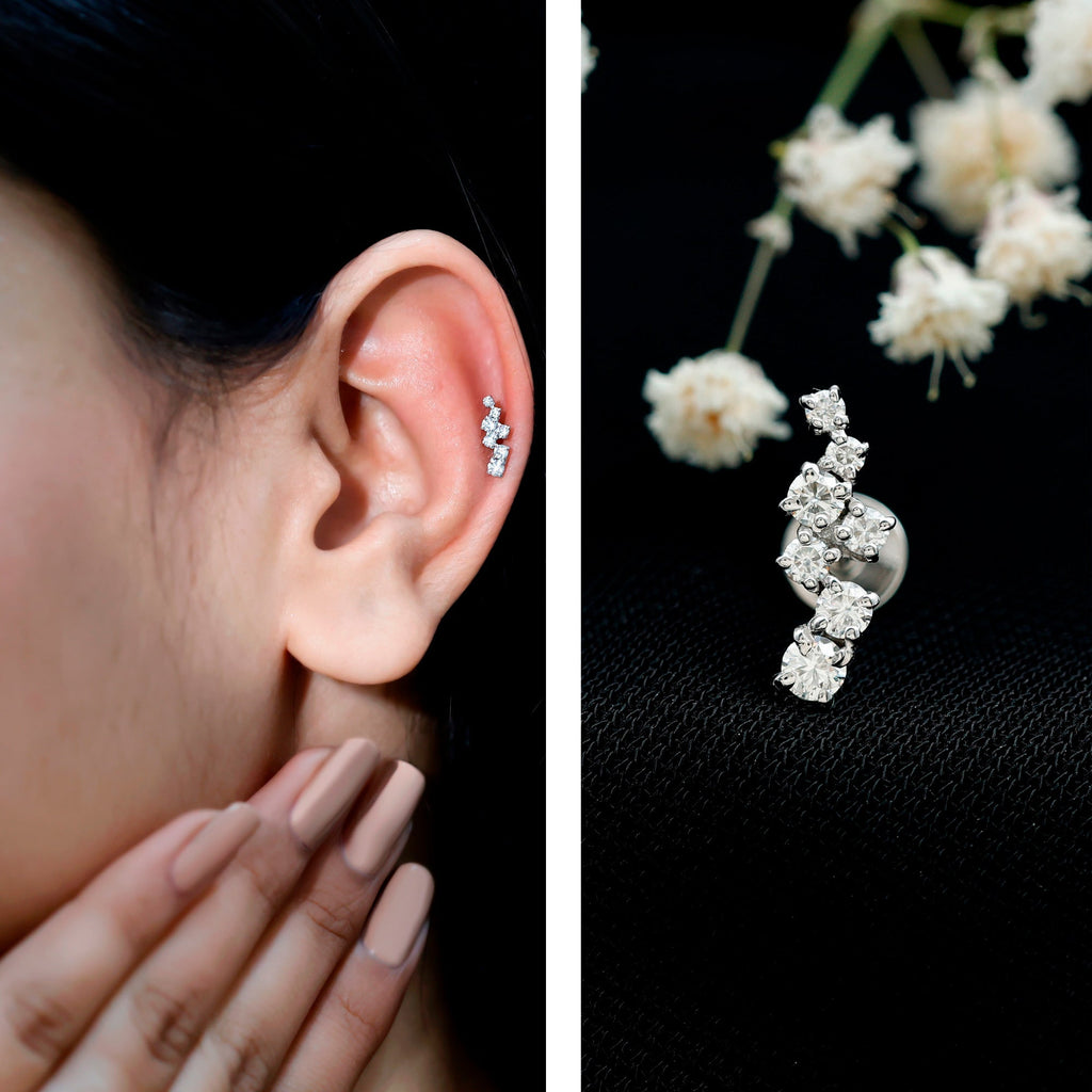 Round Moissanite Cluster Ear Crawler Earring for Helix Piercing