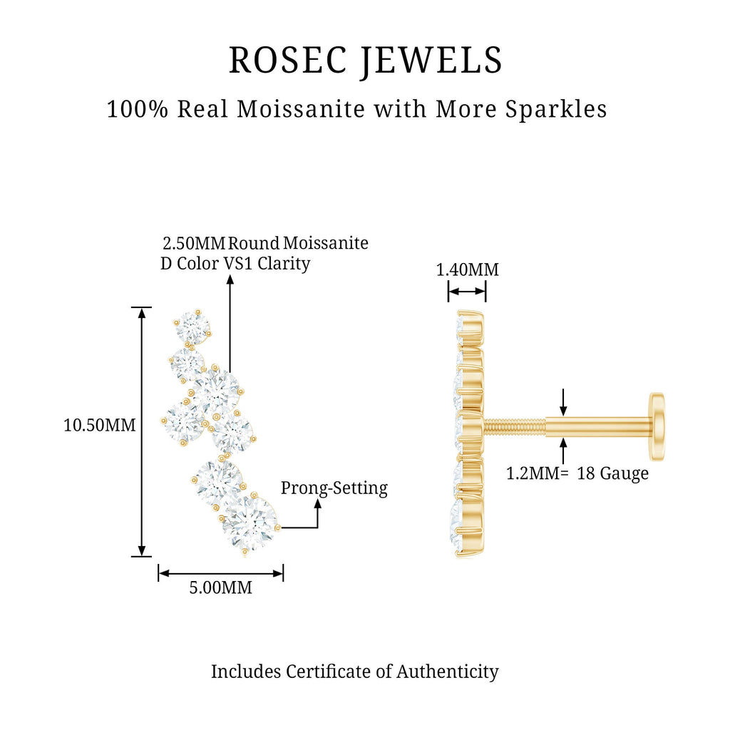 Round Moissanite Cluster Ear Crawler Earring for Helix Piercing