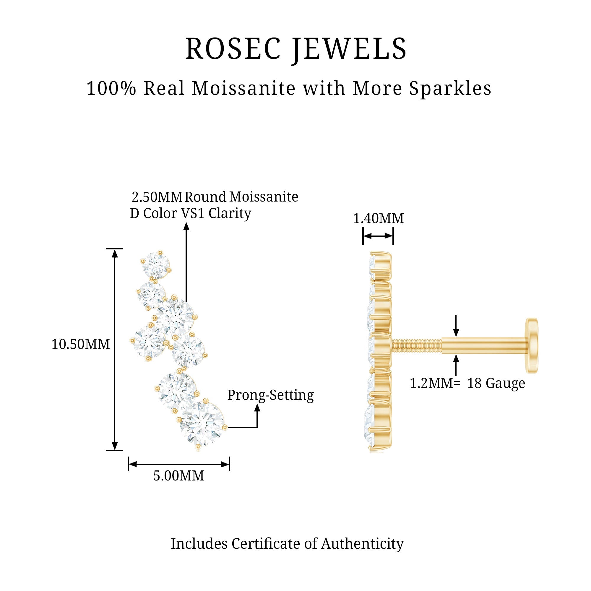 Round Moissanite Cluster Ear Crawler Earring for Helix Piercing