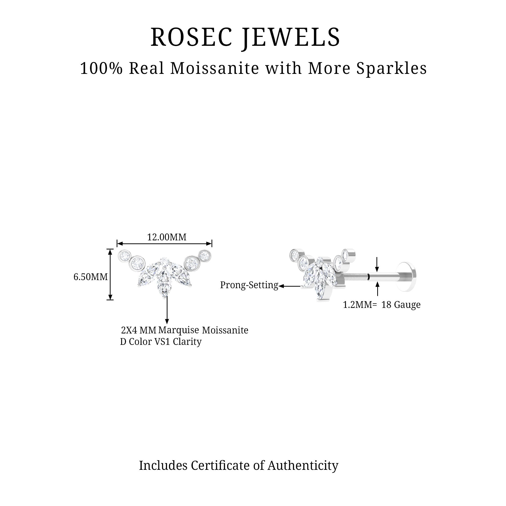 Certified Moissanite Crawler Earring for Helix Piercing
