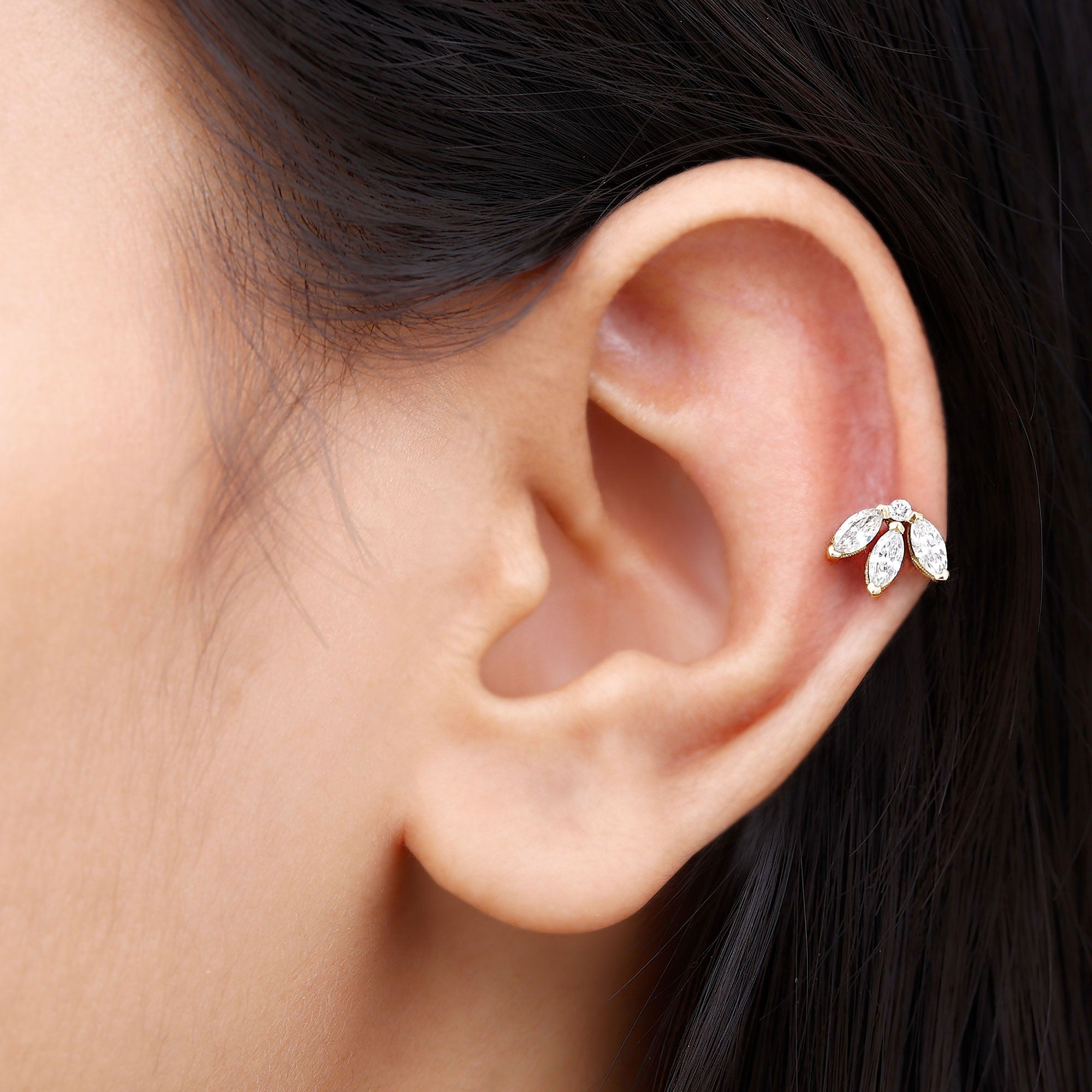 Certified Marquise Moissanite Lotus Flower Earring for Helix Piercing