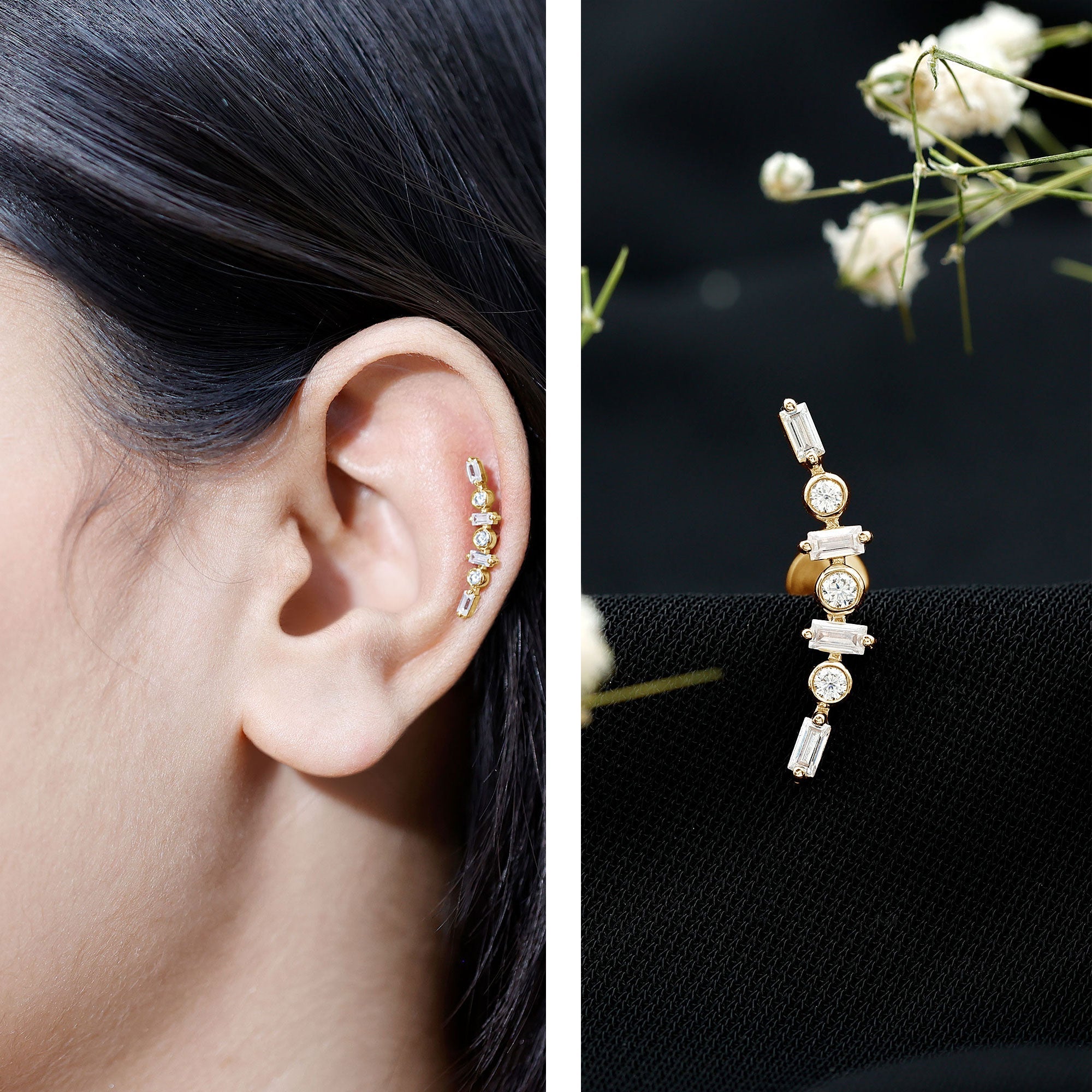 Baguette Moissanite Art Deco Climber Earring for Helix Piercing