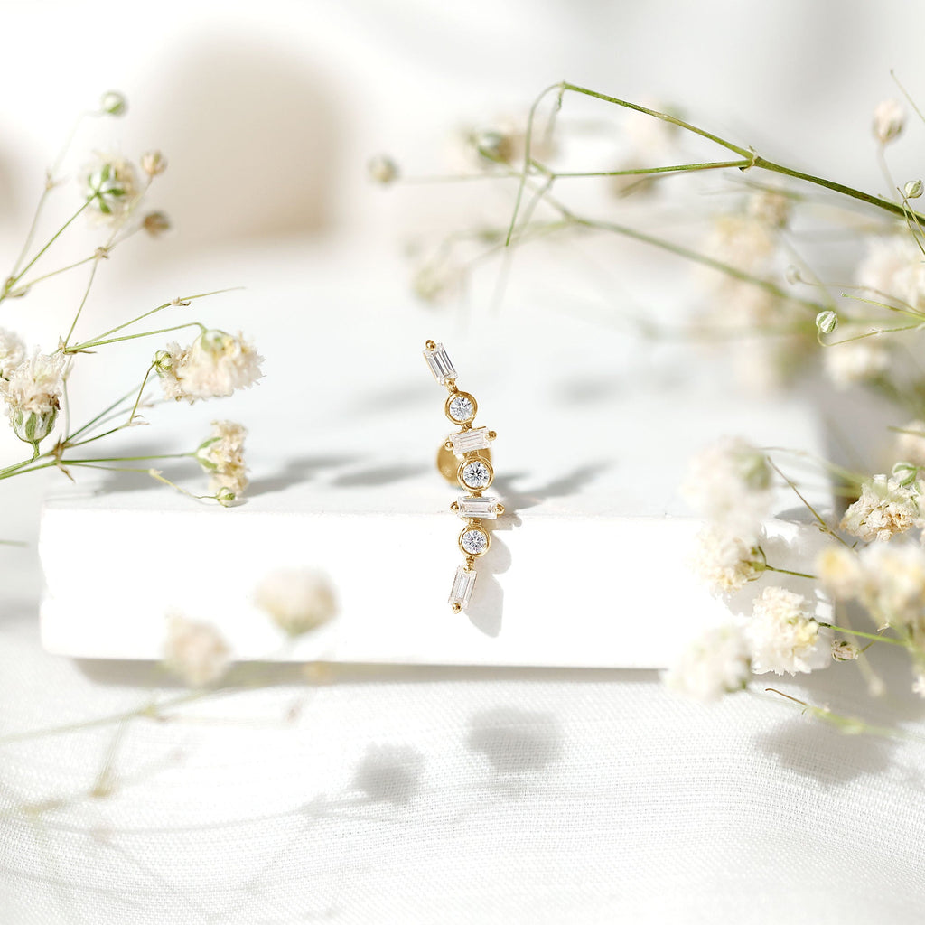 Baguette Moissanite Art Deco Climber Earring for Helix Piercing