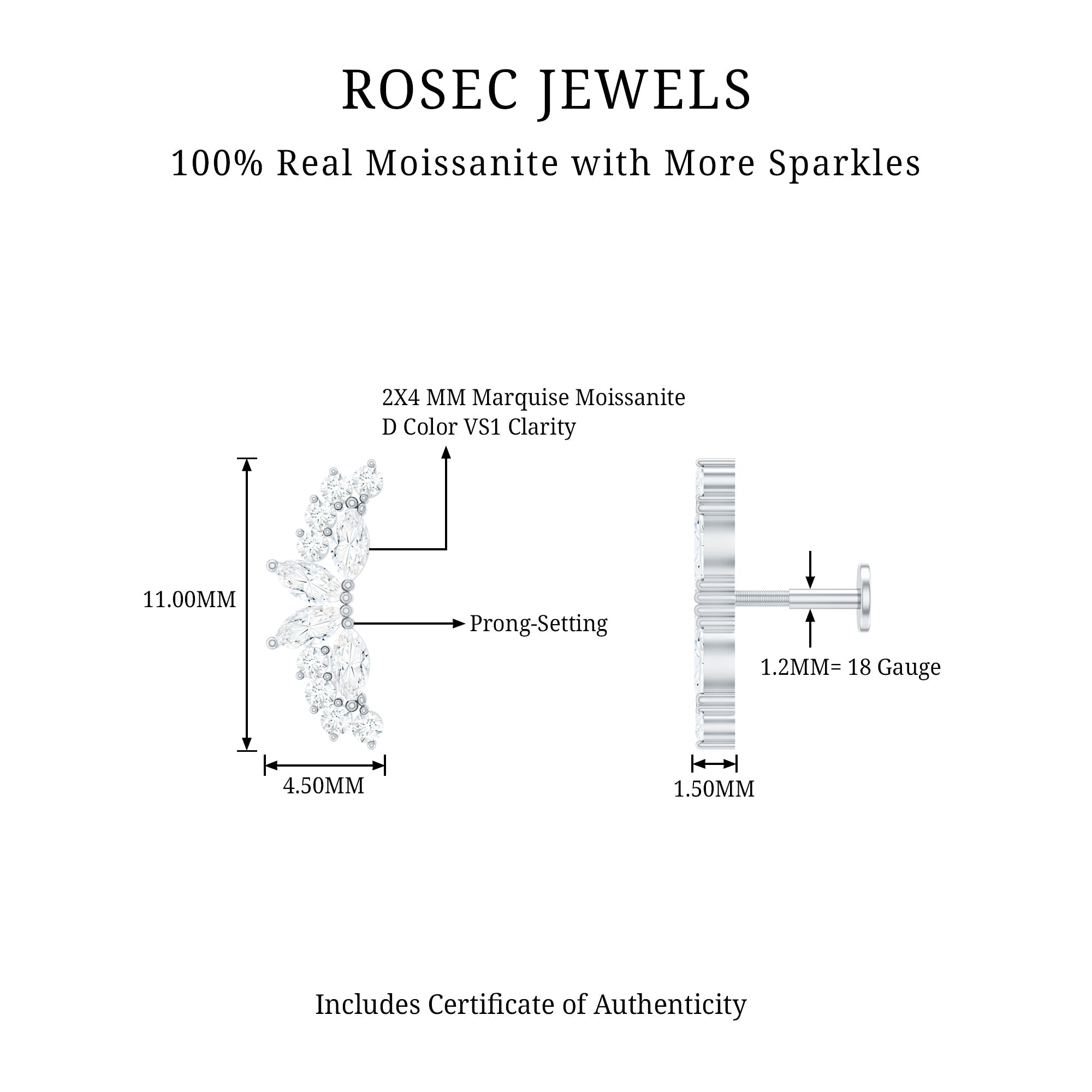 Certified Moissanite Cluster Crawler Earring for Helix Piercing