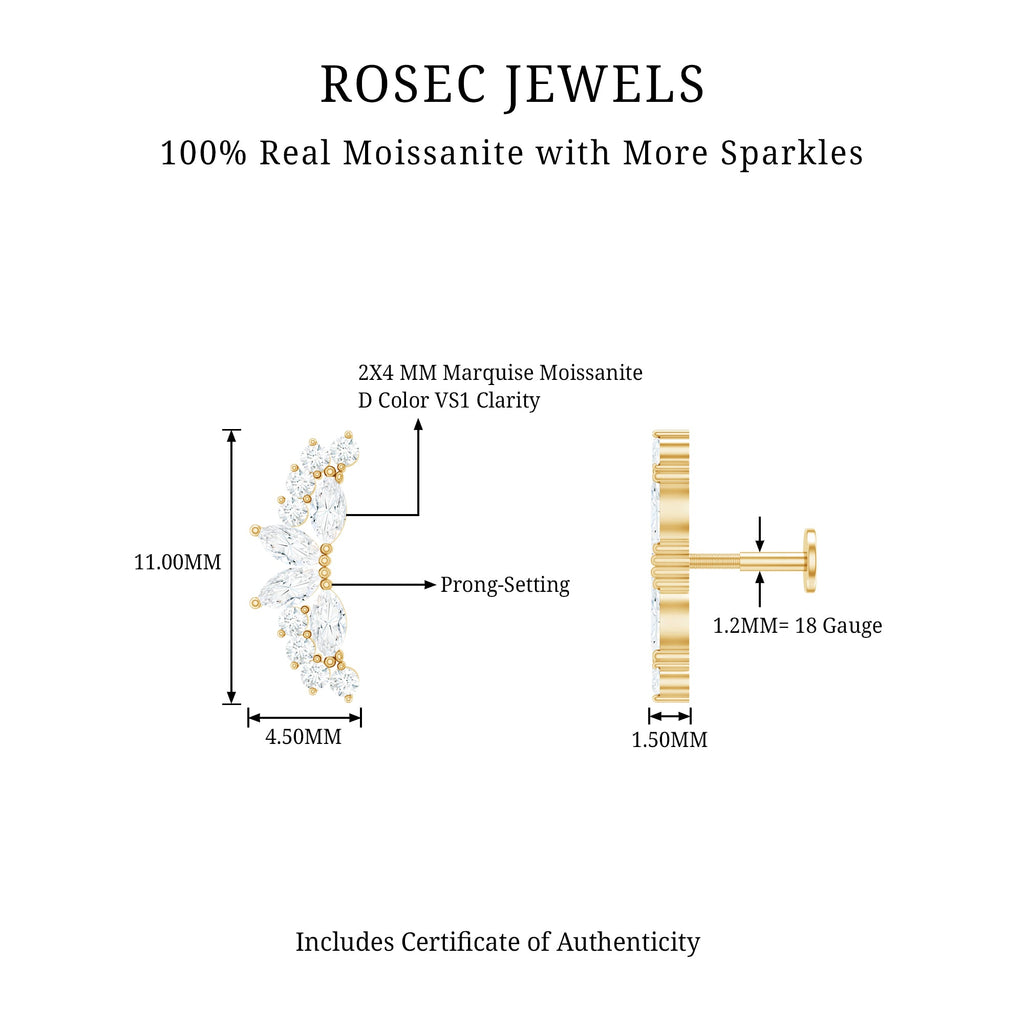 Certified Moissanite Cluster Crawler Earring for Helix Piercing