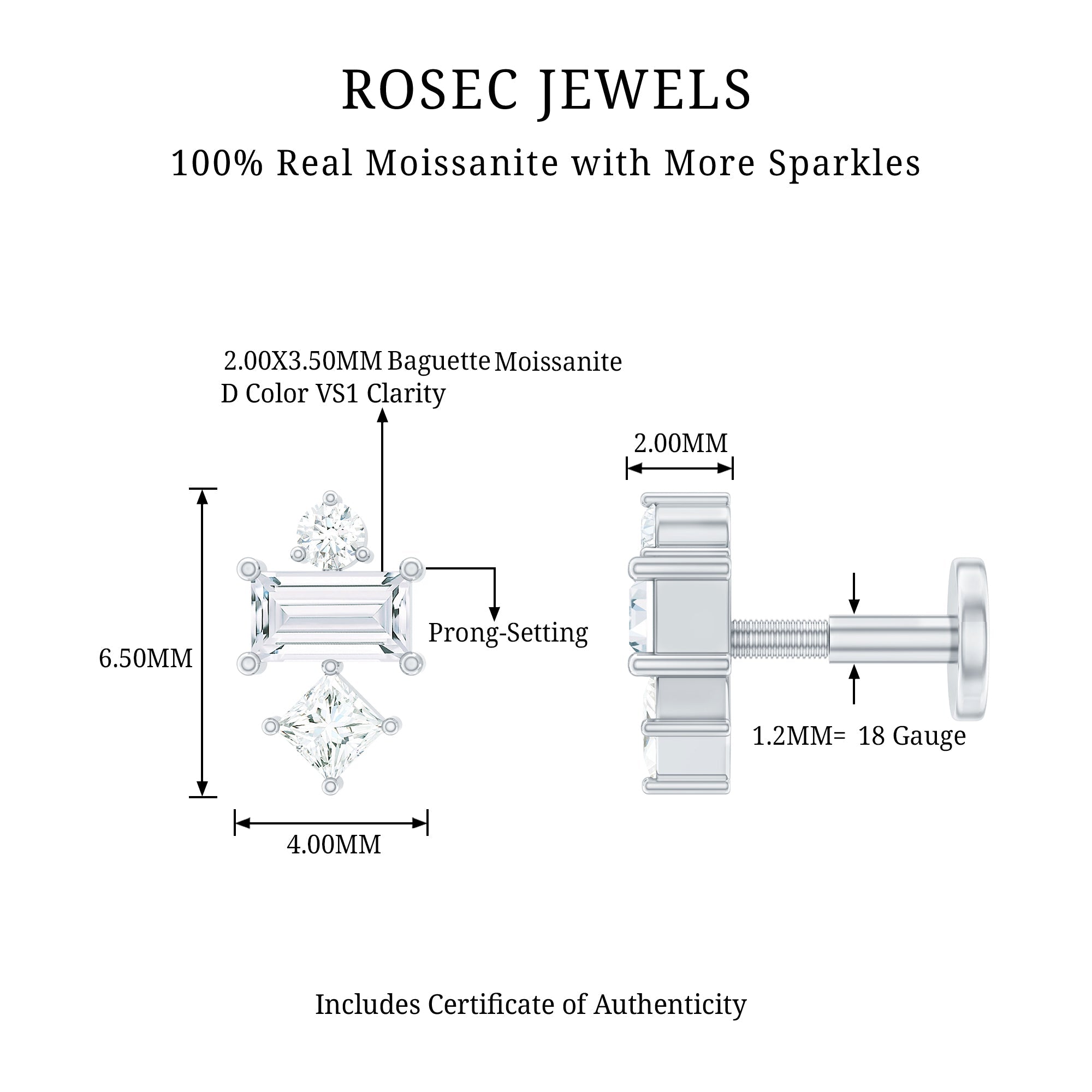 Unique Moissanite Tragus Earring with Flat Back