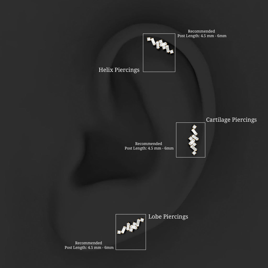 Baguette and Round Moissanite Cartilage Earring in Gold