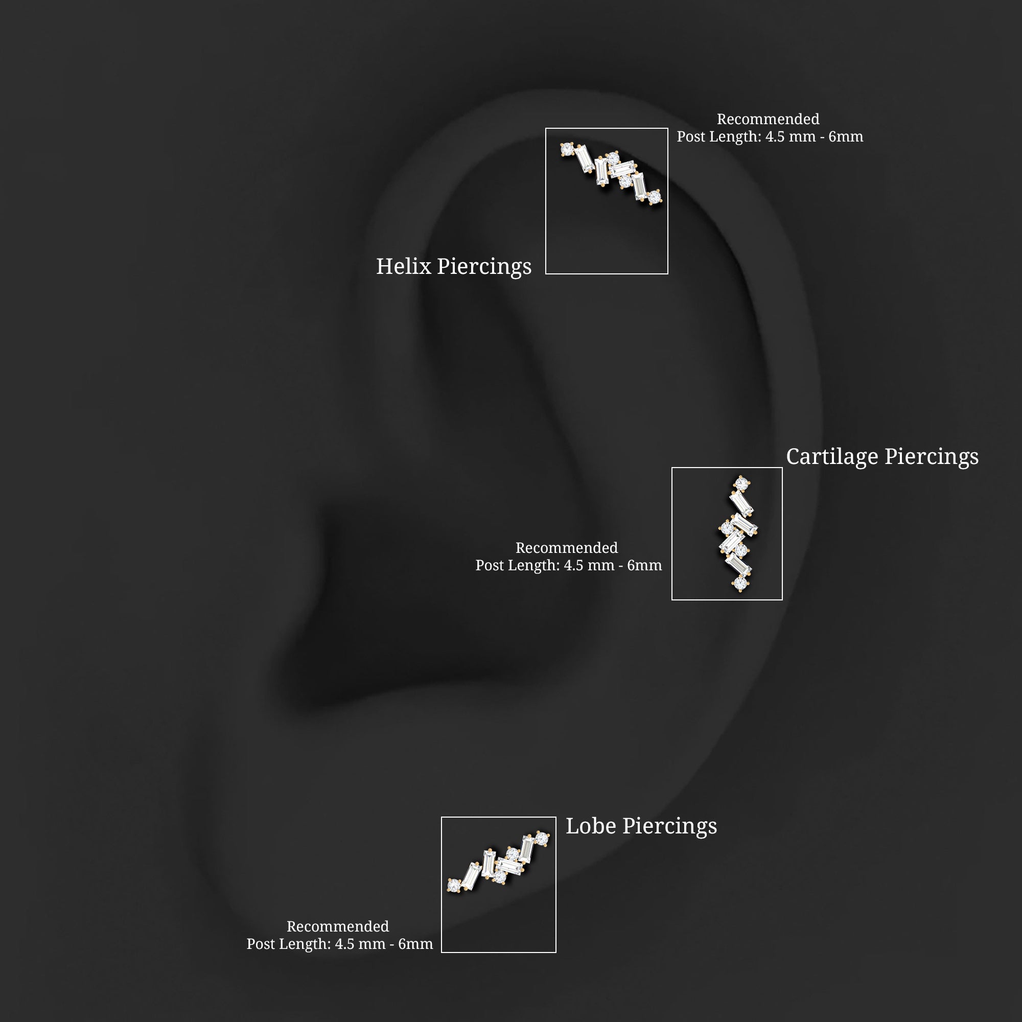Baguette and Round Moissanite Cartilage Earring in Gold