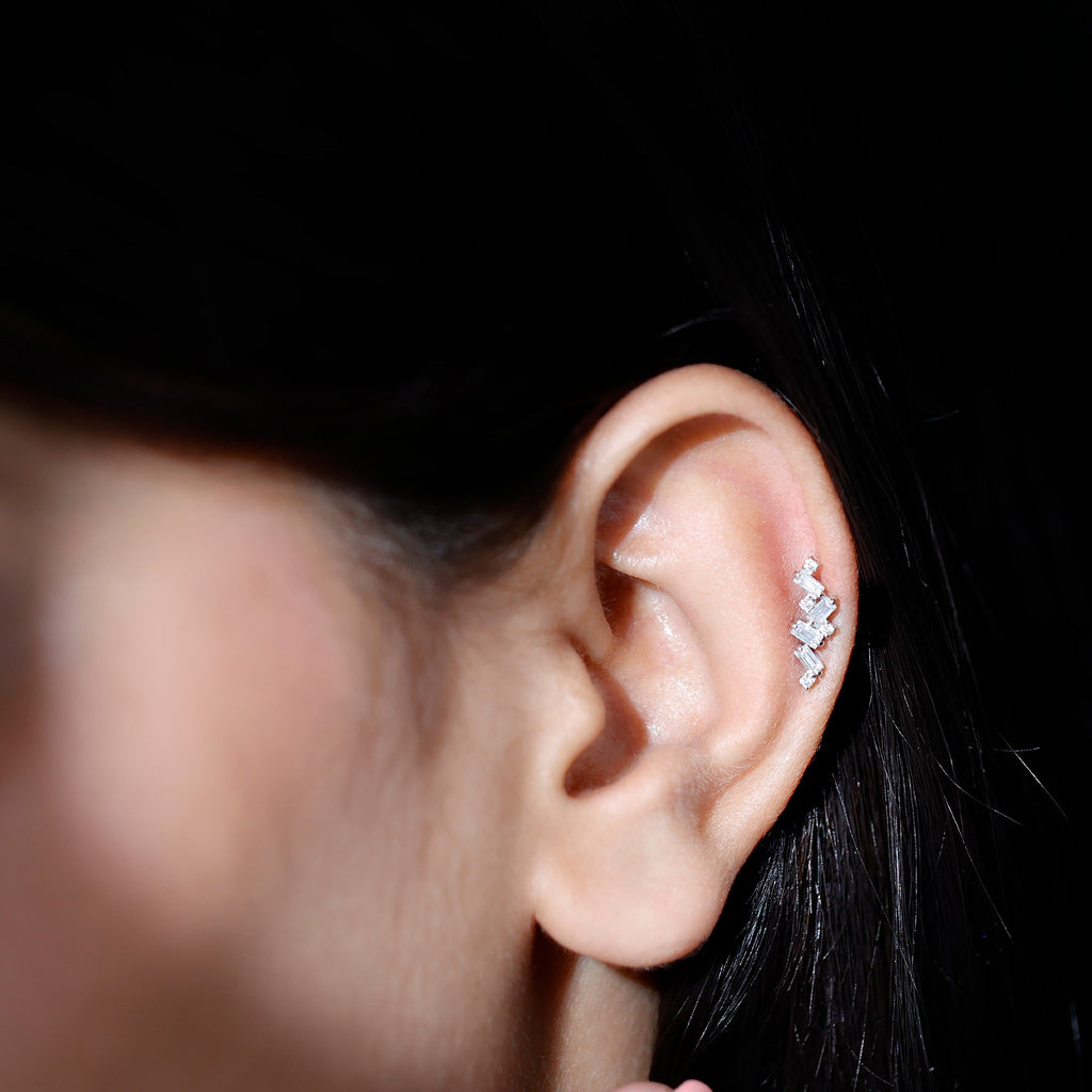 Baguette and Round Moissanite Cartilage Earring in Gold