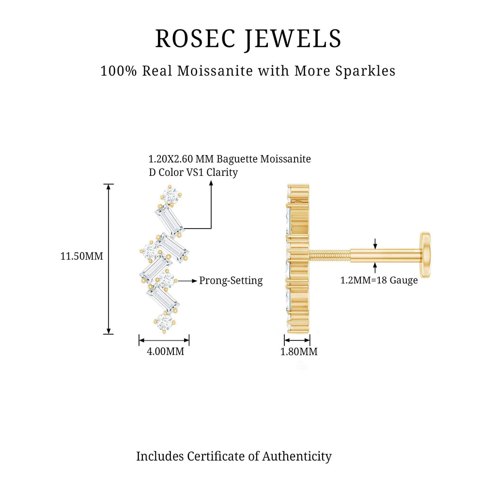 Baguette and Round Moissanite Cartilage Earring in Gold