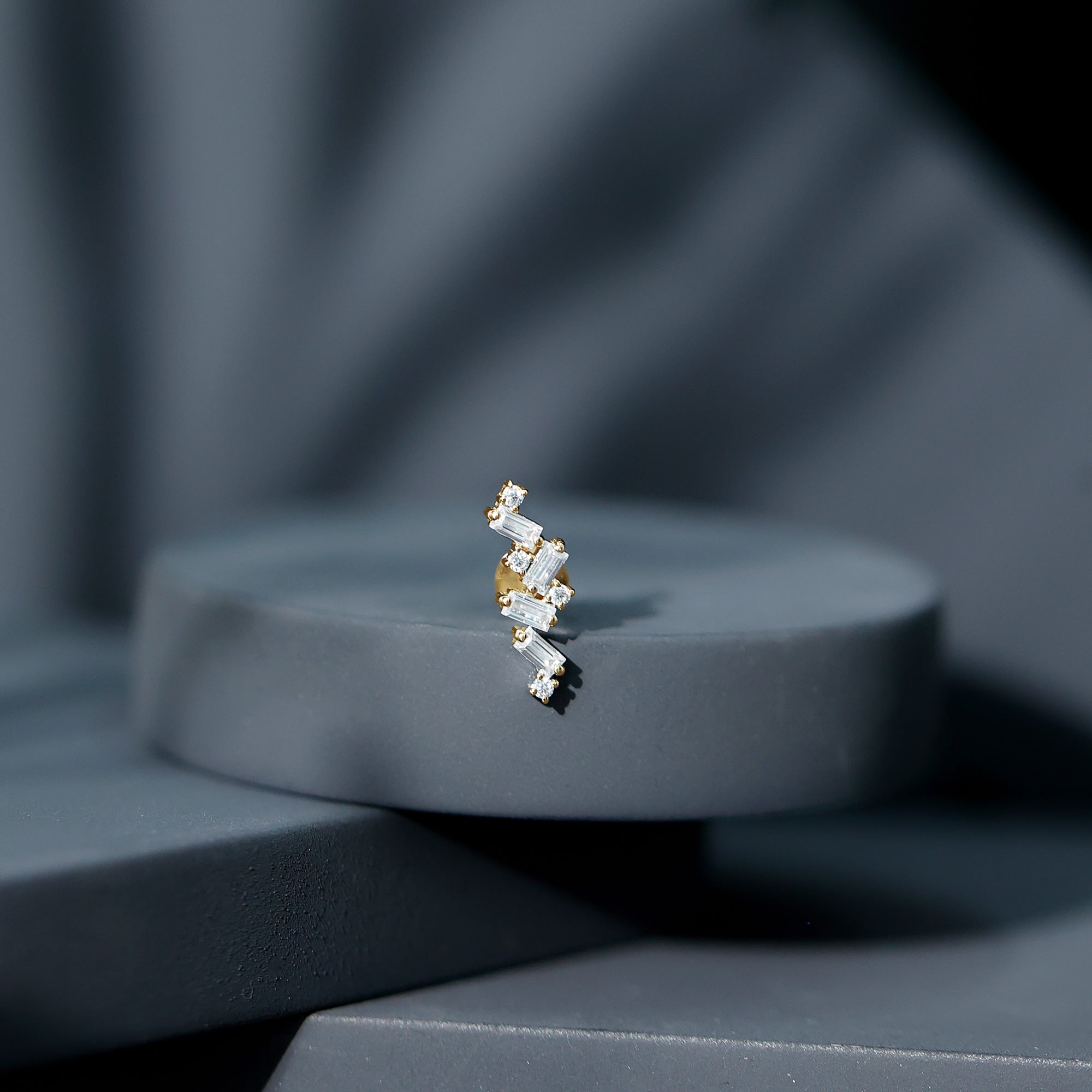 Baguette and Round Moissanite Cartilage Earring in Gold