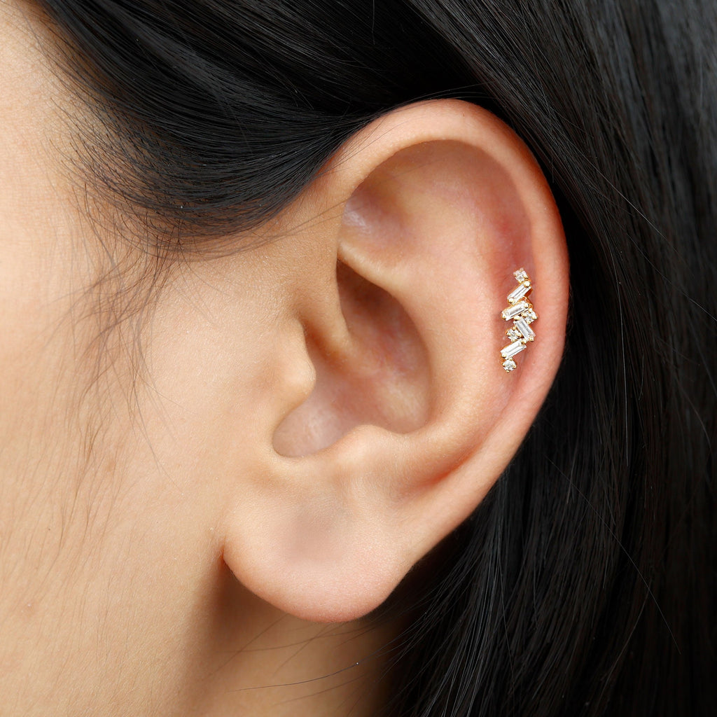 Baguette and Round Moissanite Cartilage Earring in Gold