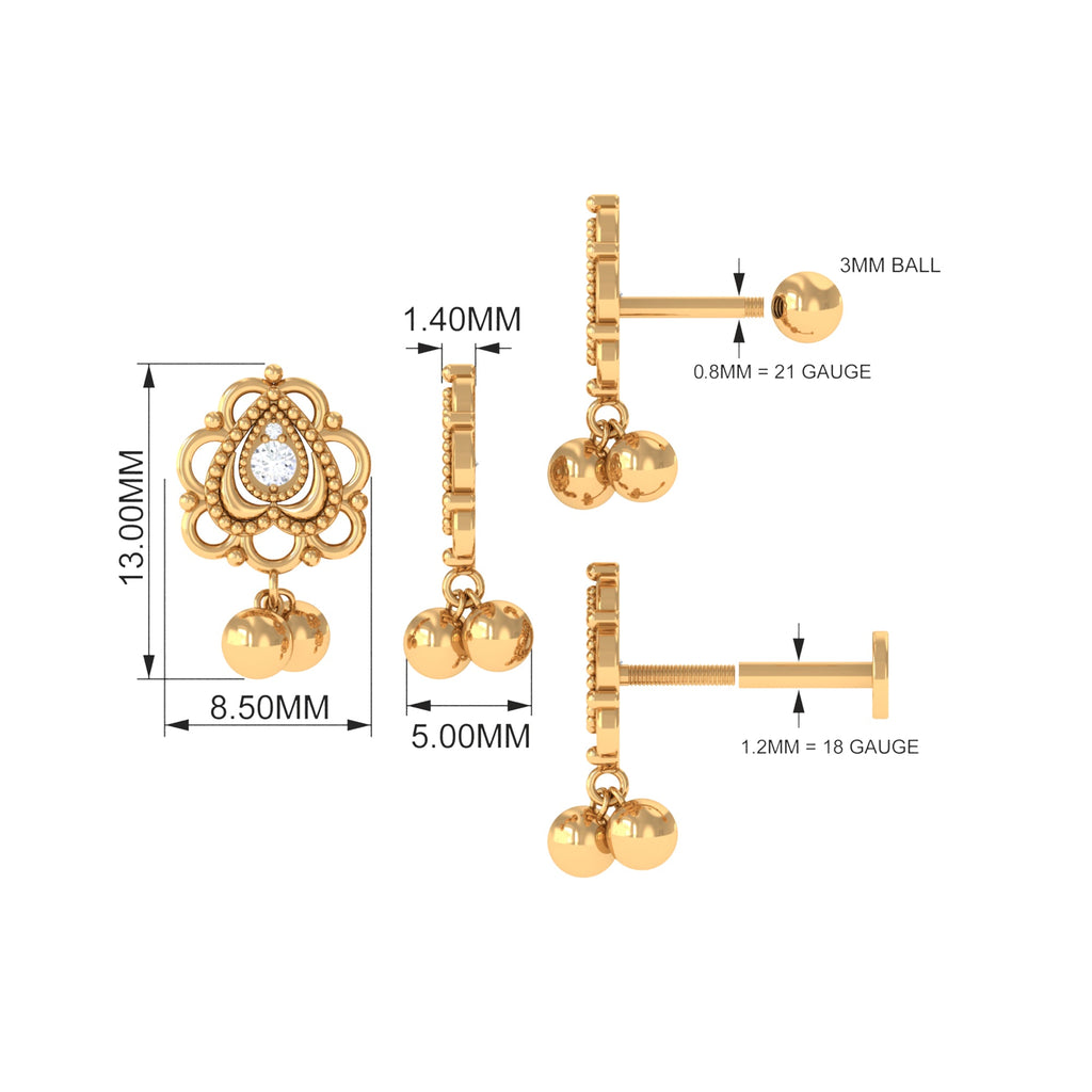 Antique Moissanite and Gold Drop Earring for Cartilage Piercing
