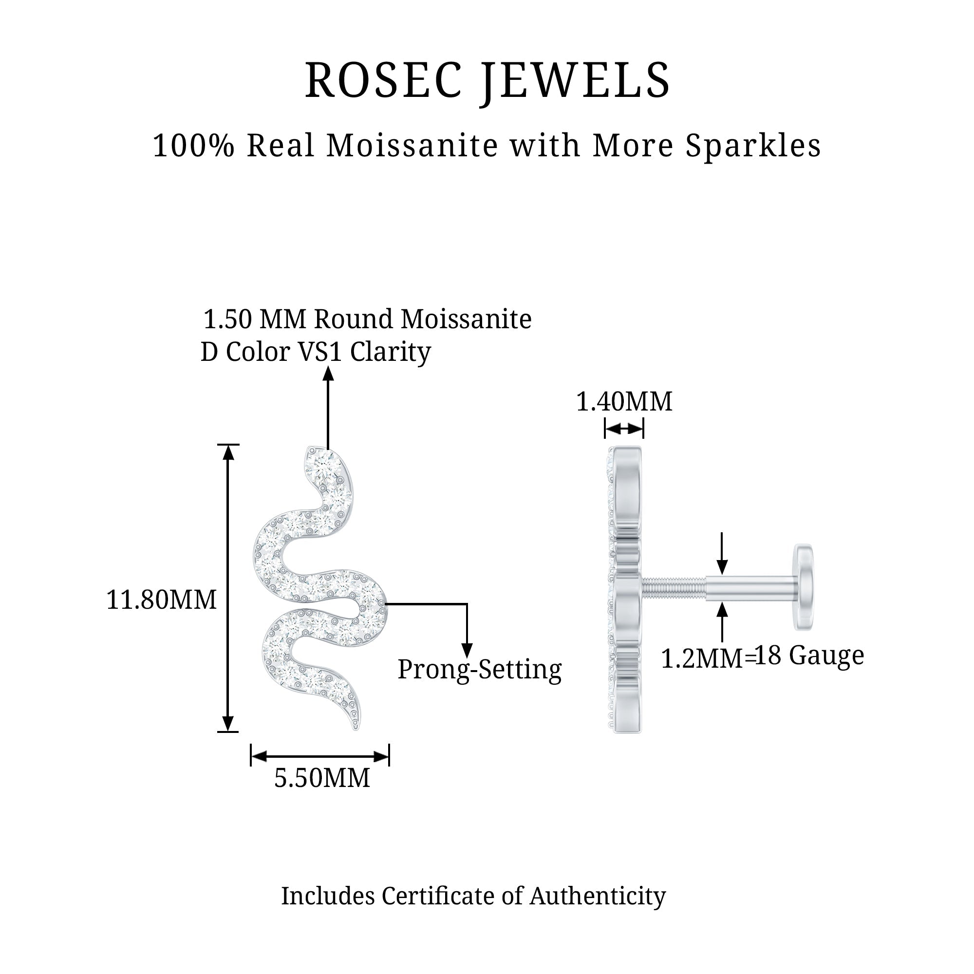 Unique Moissanite Snake Crawler Cartilage Earring in Gold