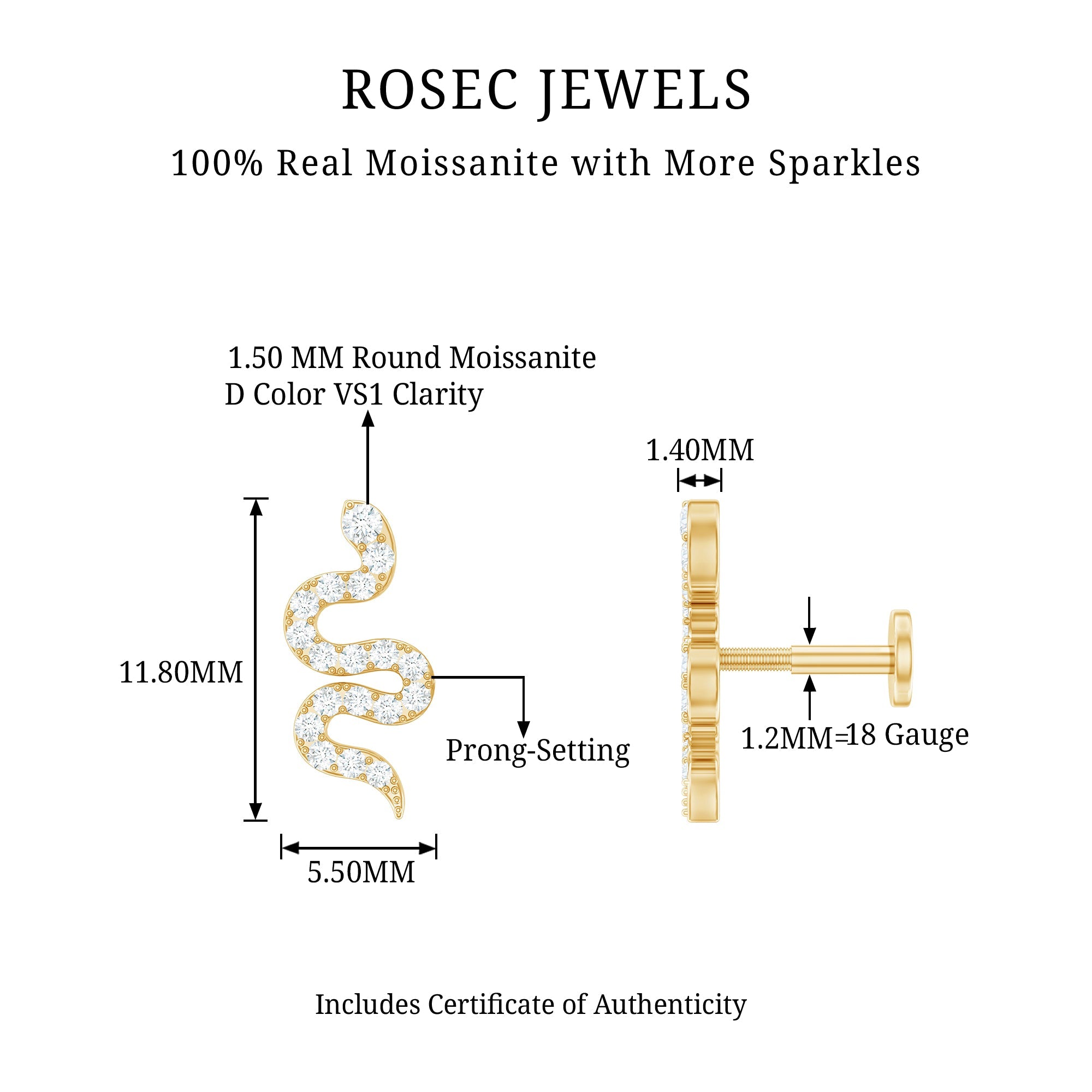 Unique Moissanite Snake Crawler Cartilage Earring in Gold