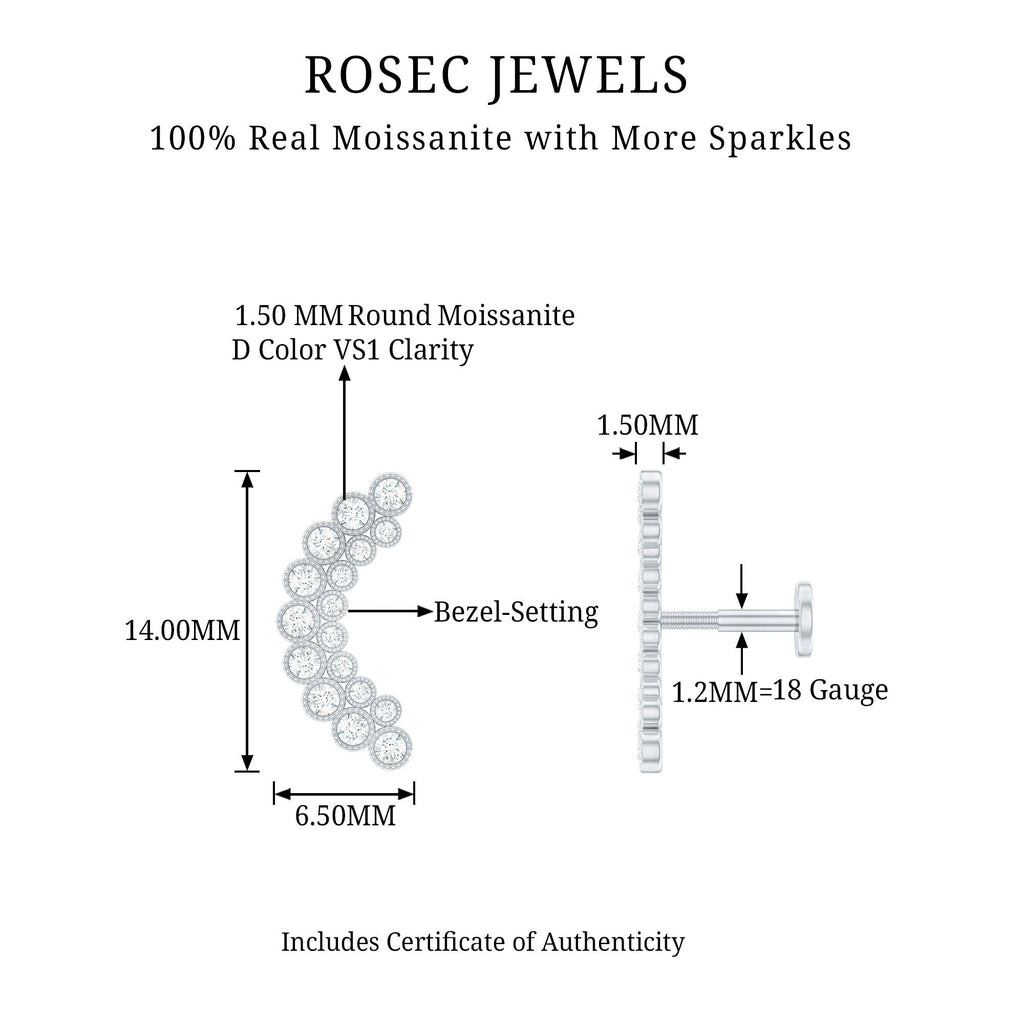 Moissanite Curved Helix Earring in Milgrain Bezel Setting