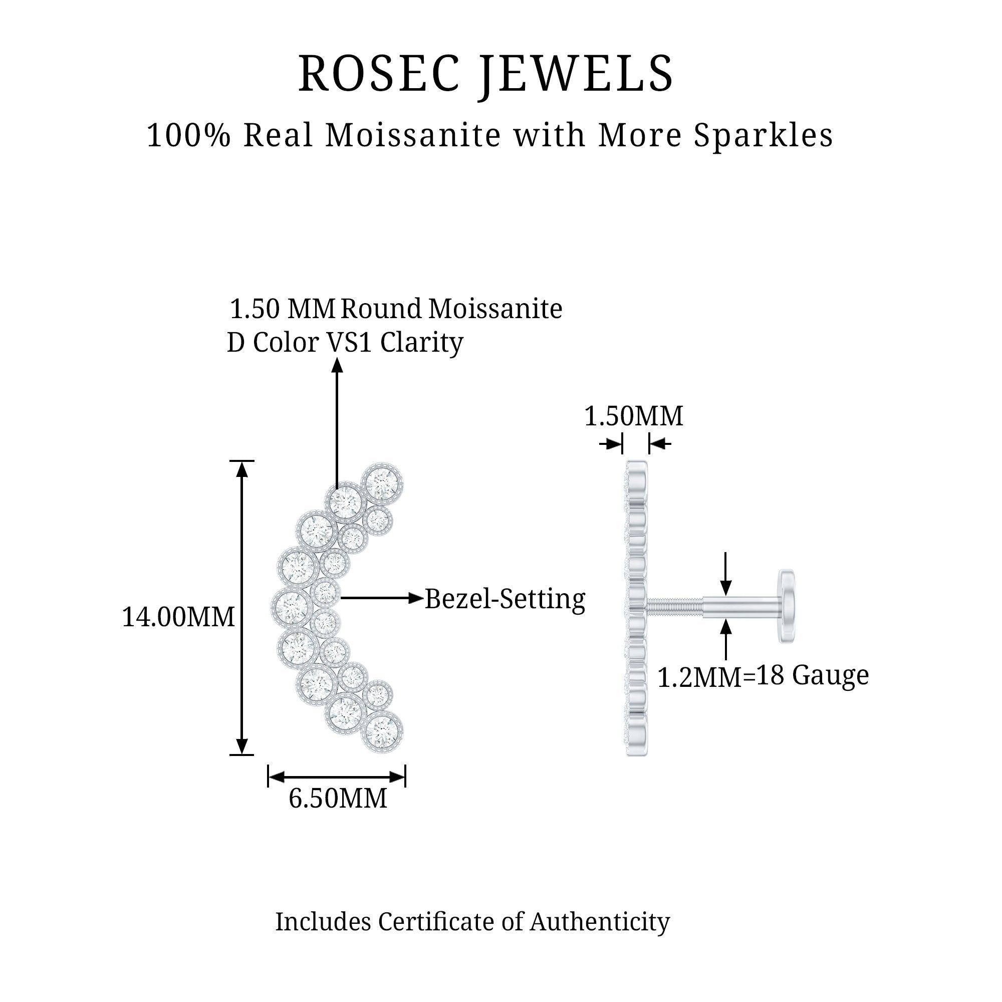 Moissanite Curved Helix Earring in Milgrain Bezel Setting