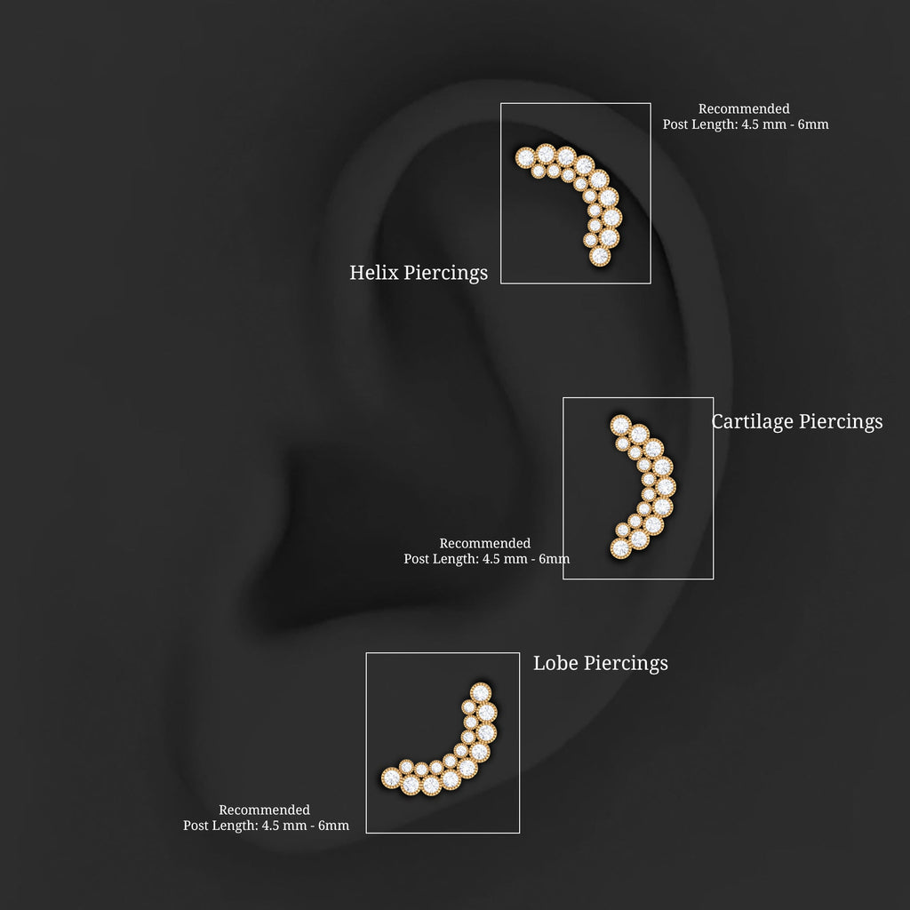 Moissanite Curved Helix Earring in Milgrain Bezel Setting