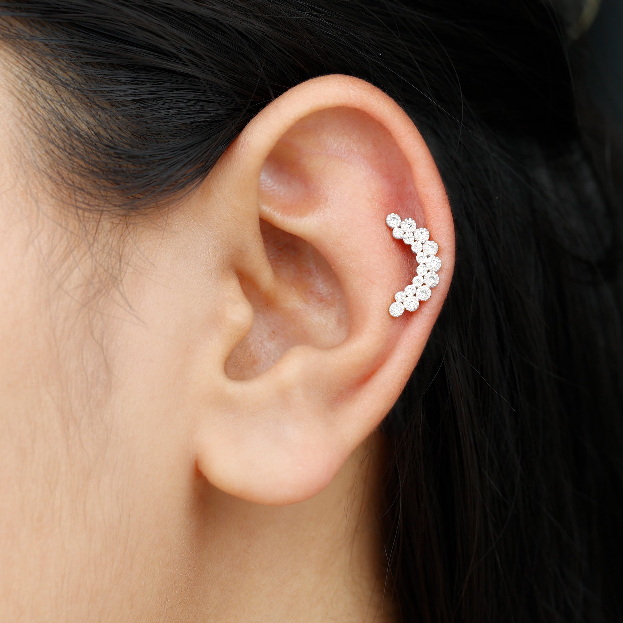 Moissanite Curved Helix Earring in Milgrain Bezel Setting