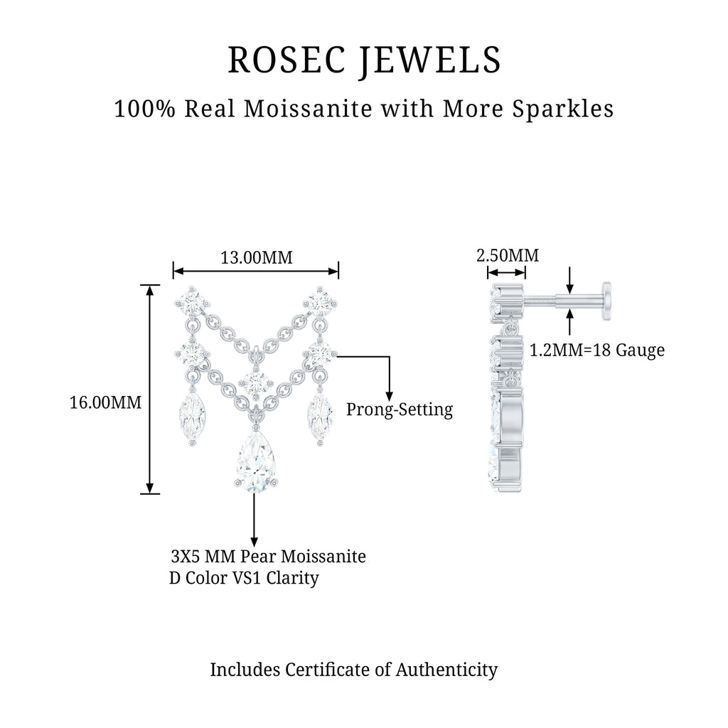 Pear Moissanite Double Chain Earring for Cartilage Piercing