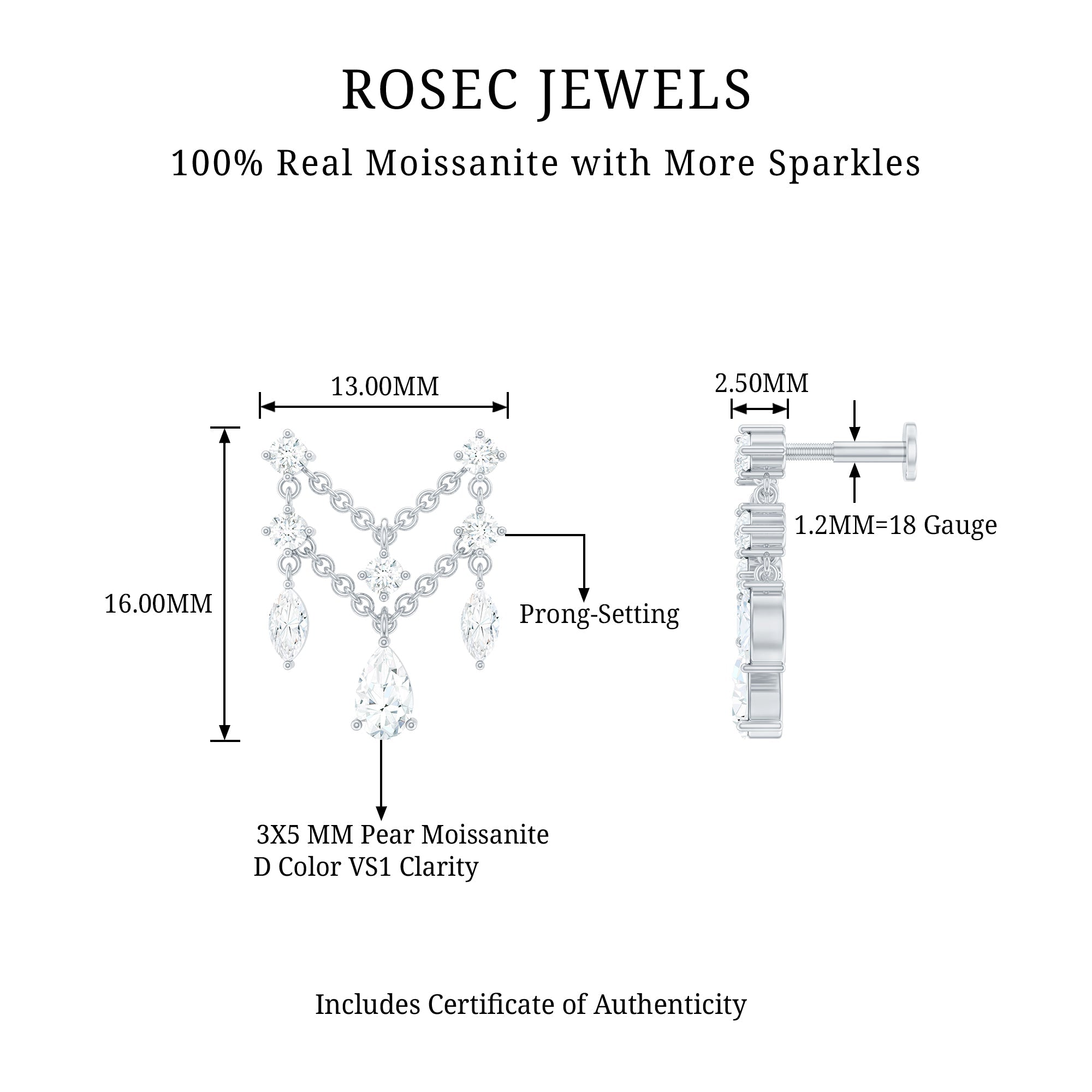Pear Moissanite Double Chain Earring for Cartilage Piercing