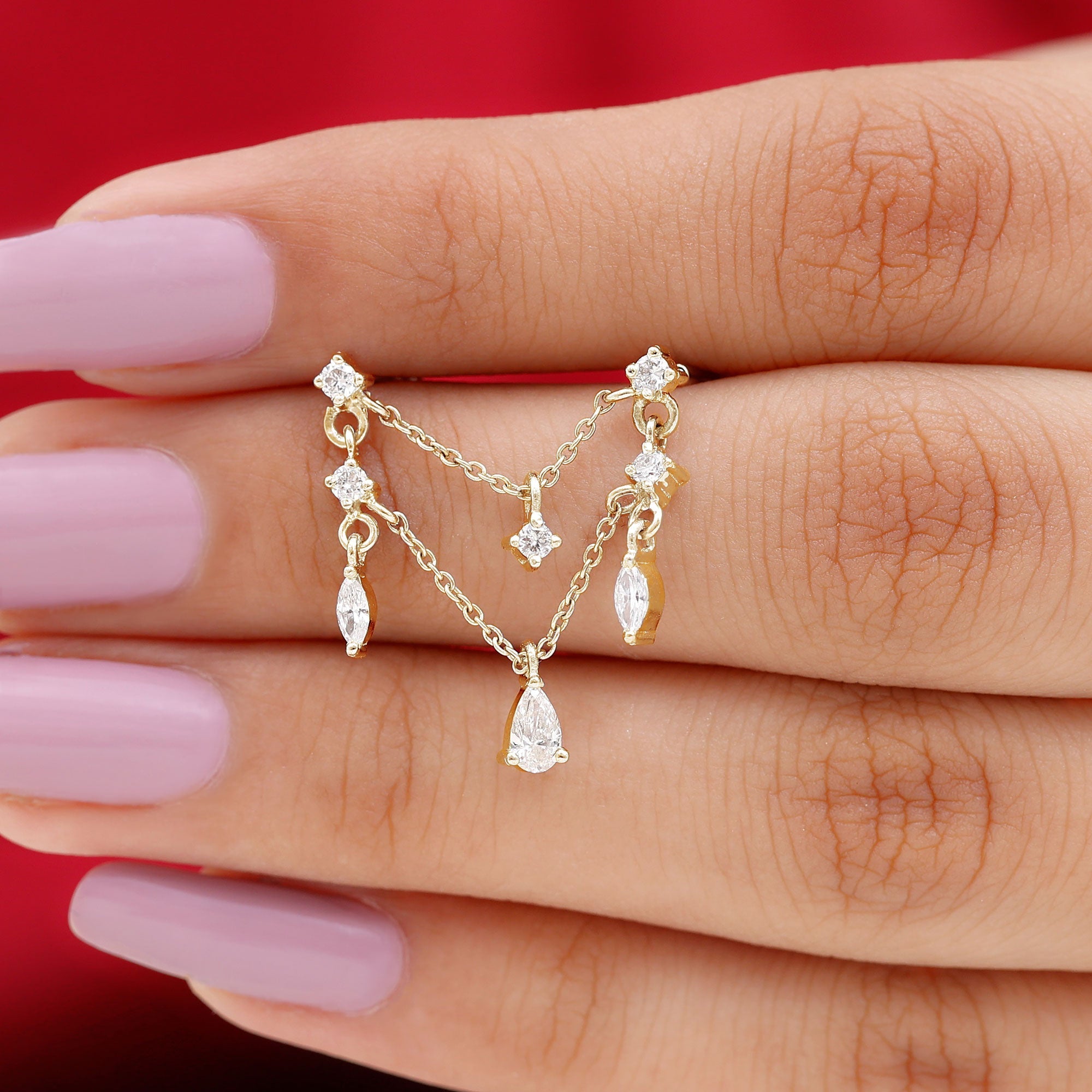 Pear Moissanite Double Chain Earring for Cartilage Piercing