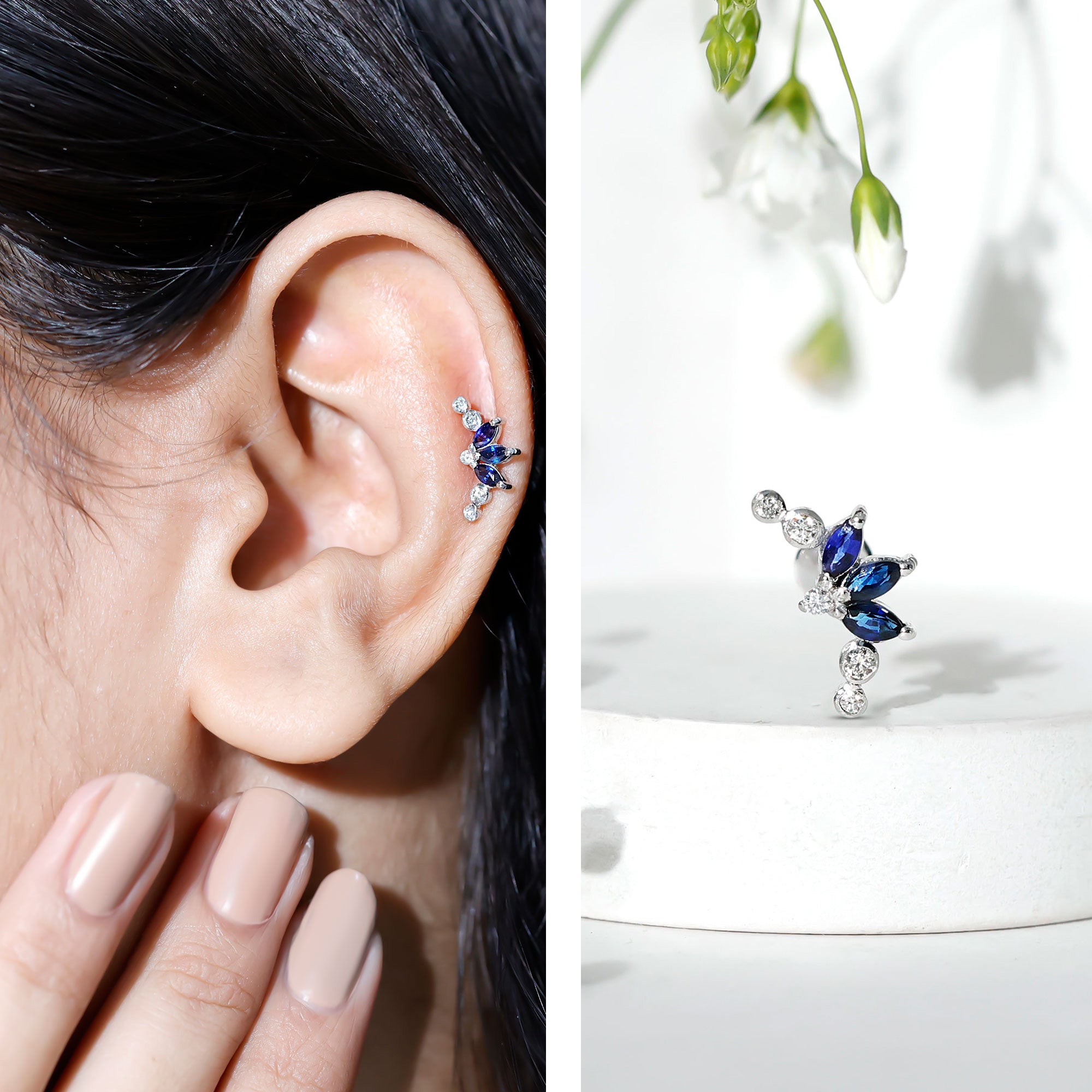 Natural Blue Sapphire Ear Crawler Earring
