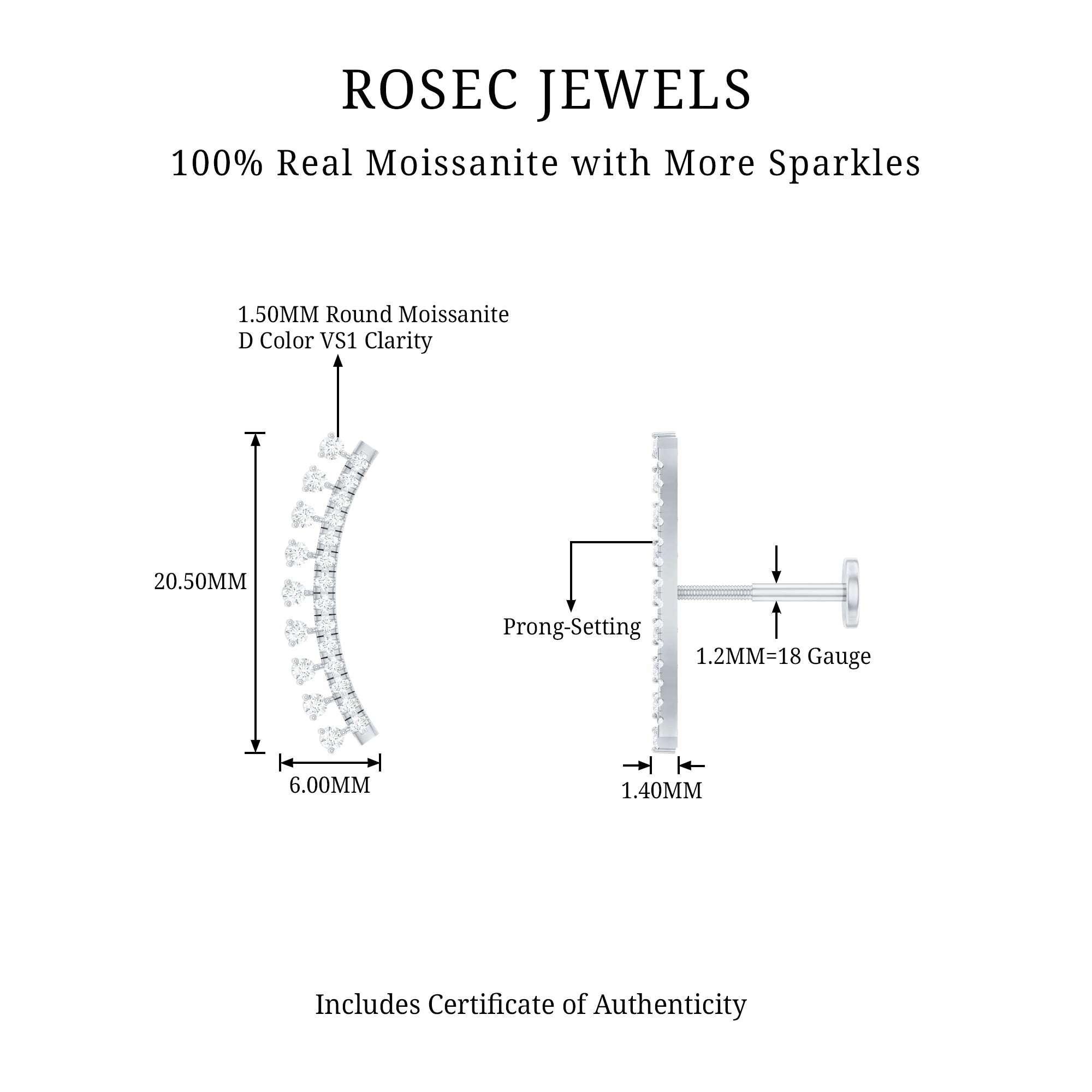 Unique Certified Moissanite Curved Crawler Earring