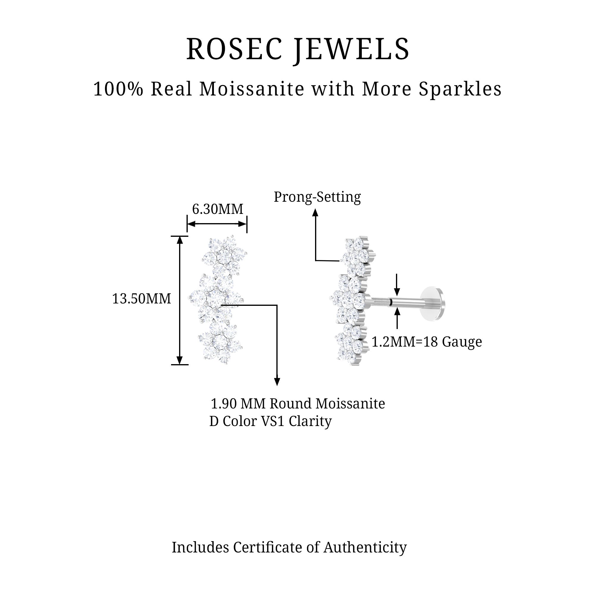 Certified Moissanite Flower Ear Climber Earring