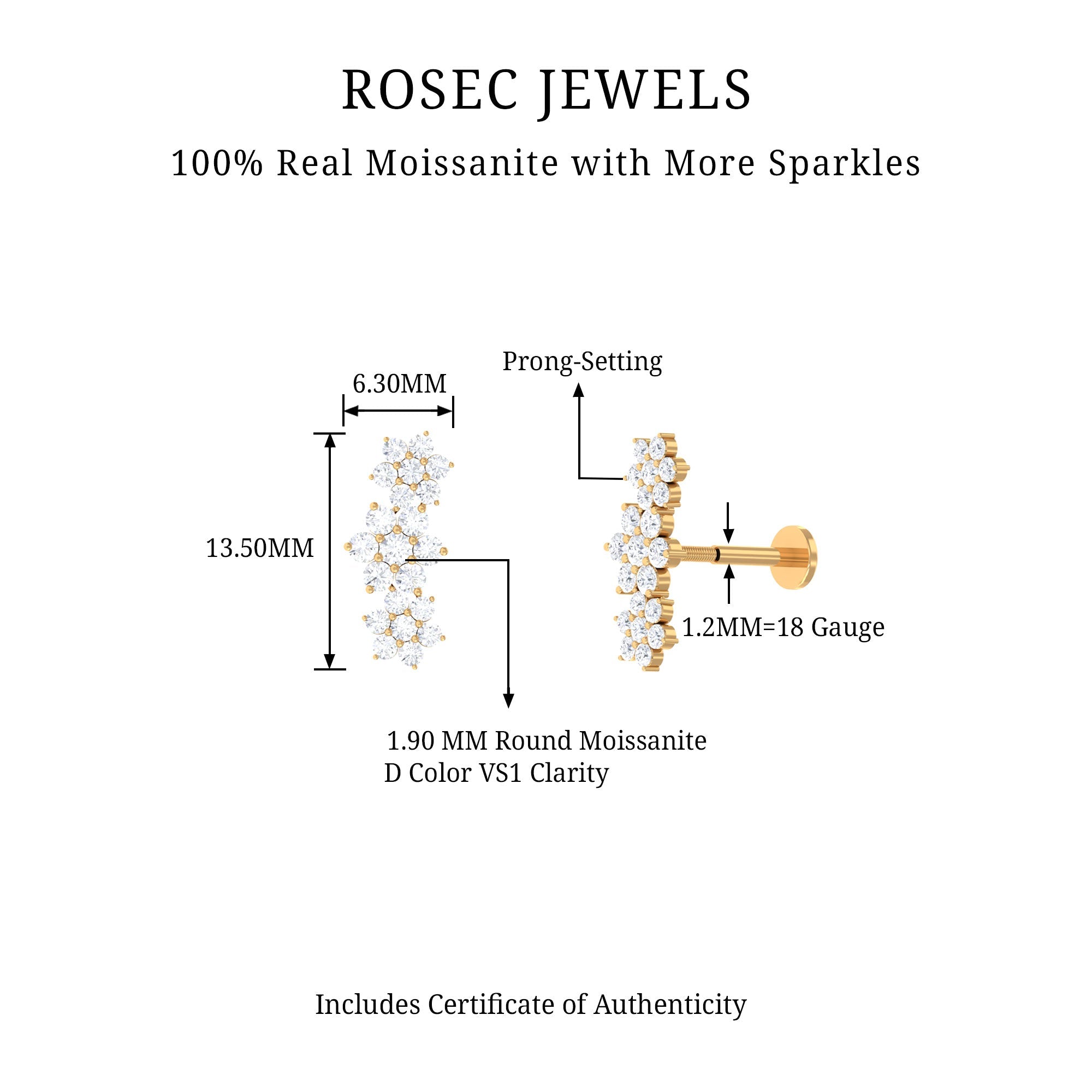 Certified Moissanite Flower Ear Climber Earring