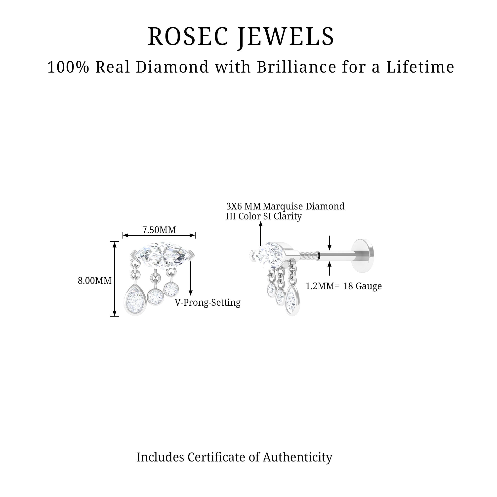 Marquise Diamond Drop Earring for Helix Piercing