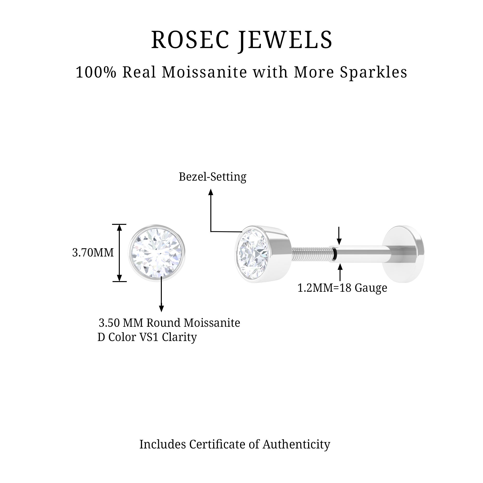 Bezel Set Round Moissanite Earring for Tragus Piercing