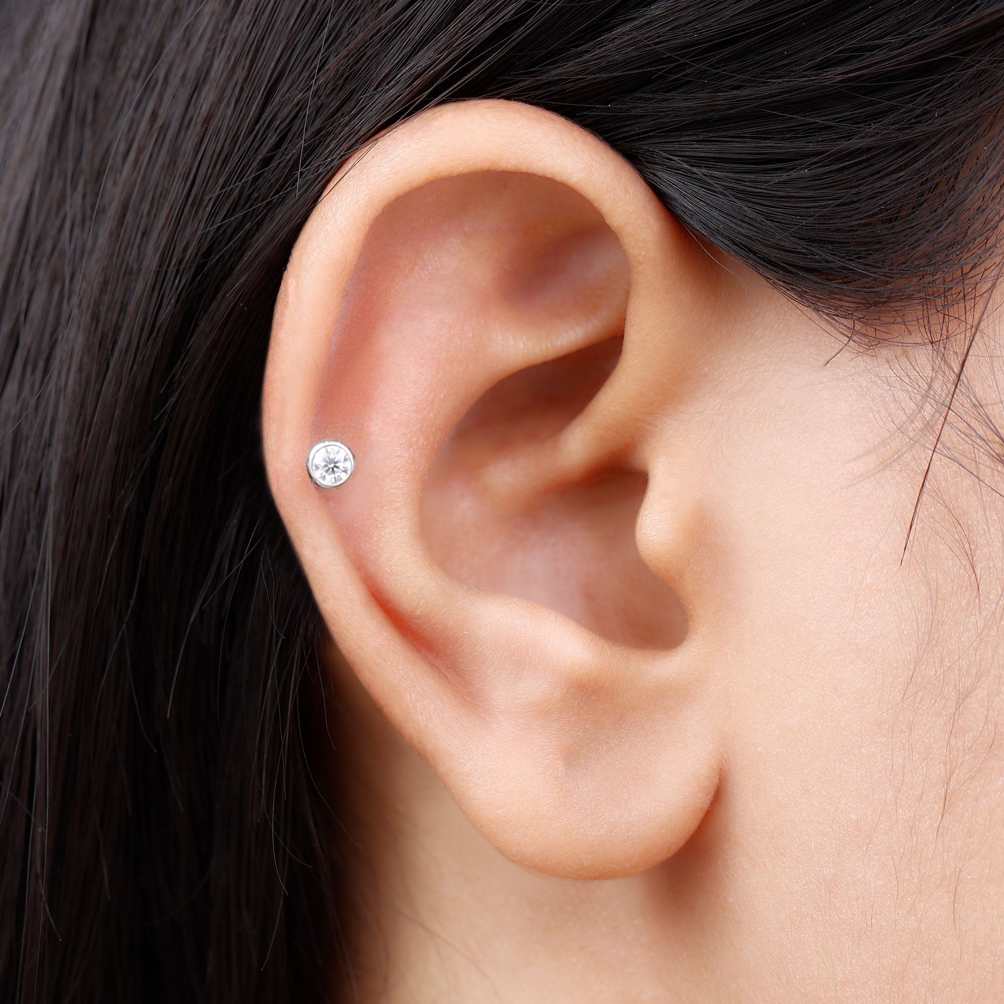 Bezel Set Round Moissanite Earring for Tragus Piercing