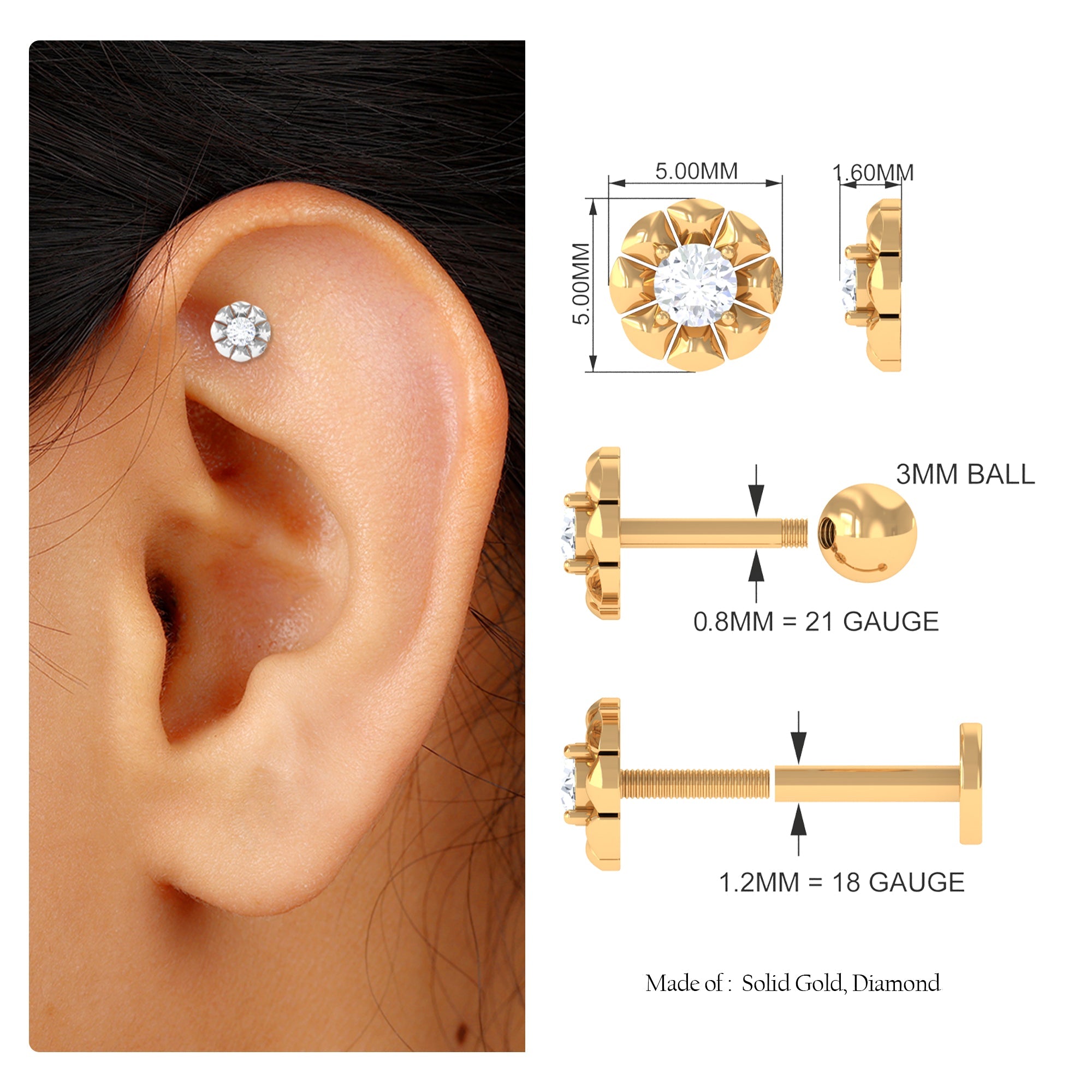 Round Diamond Flower Earring for Tragus Piercing