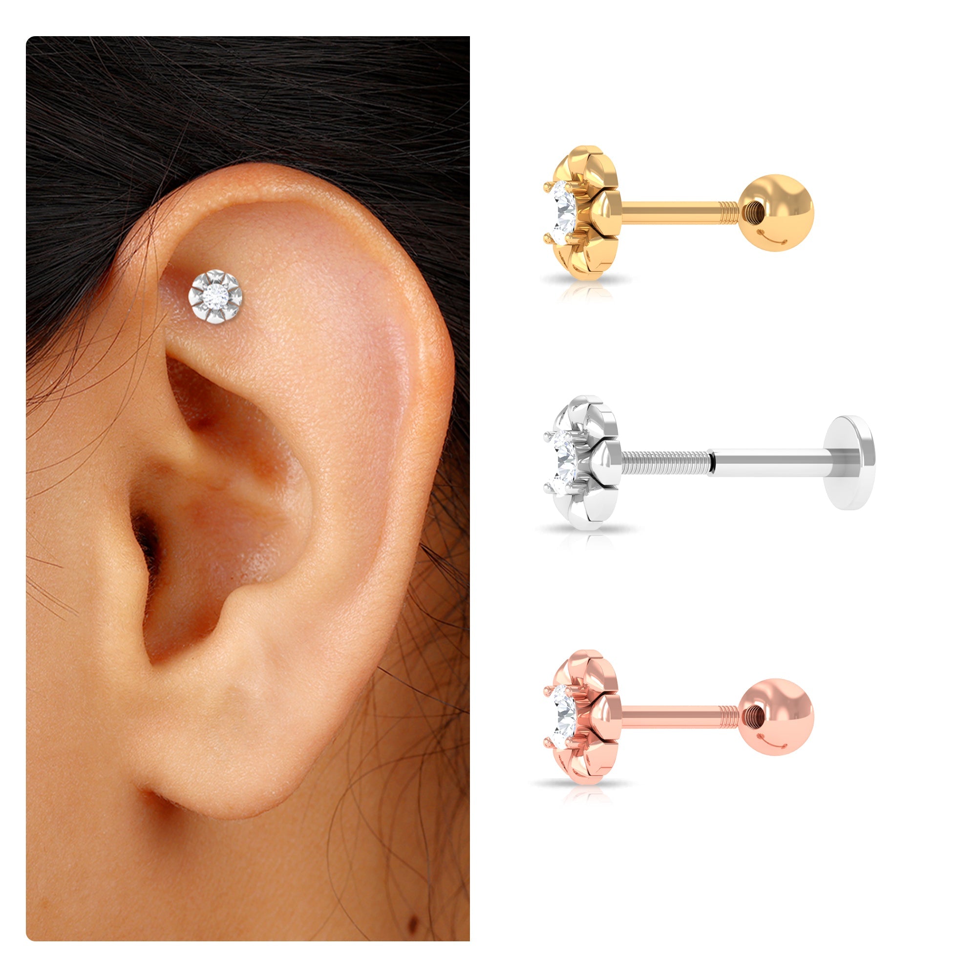 Round Diamond Flower Earring for Tragus Piercing