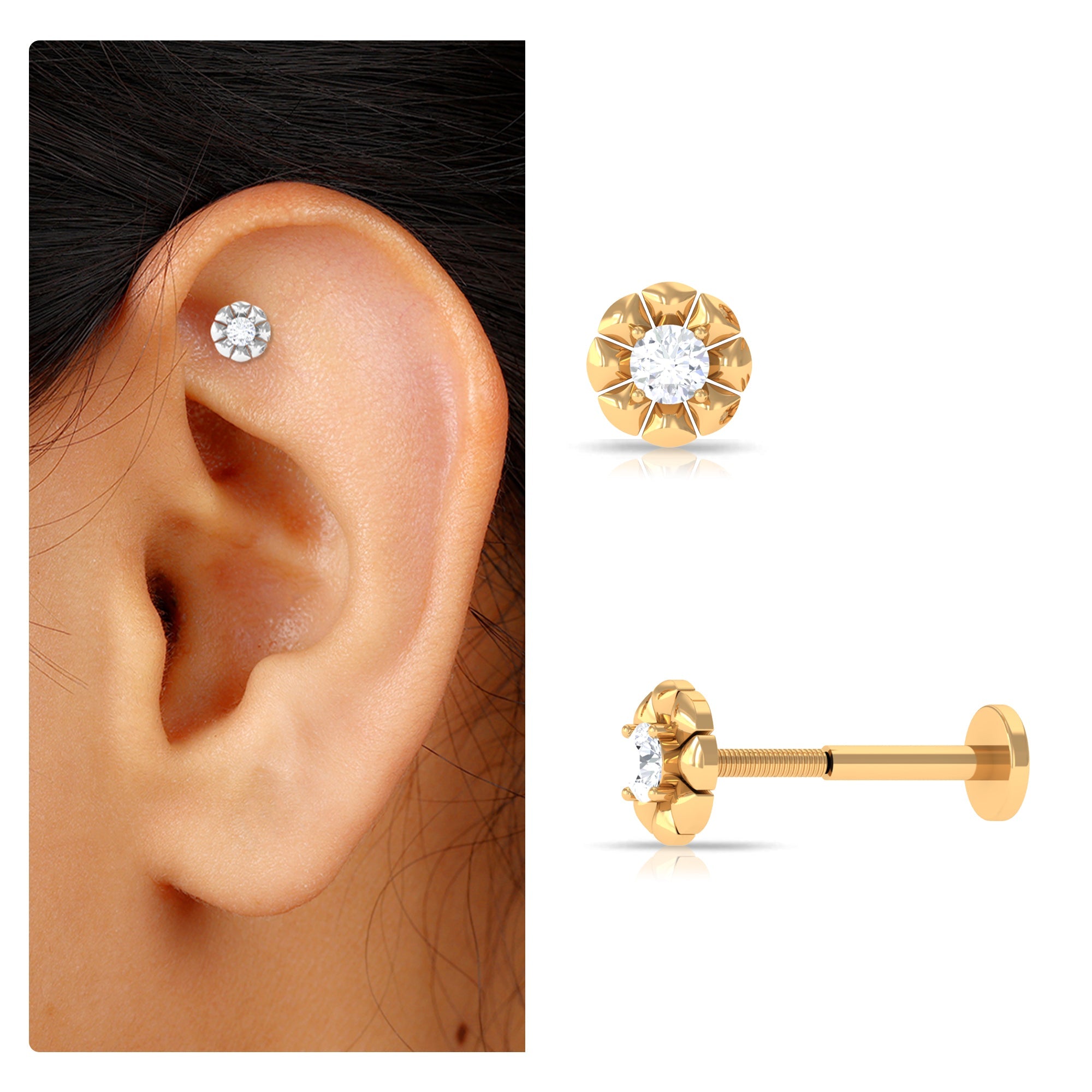 Round Diamond Flower Earring for Tragus Piercing