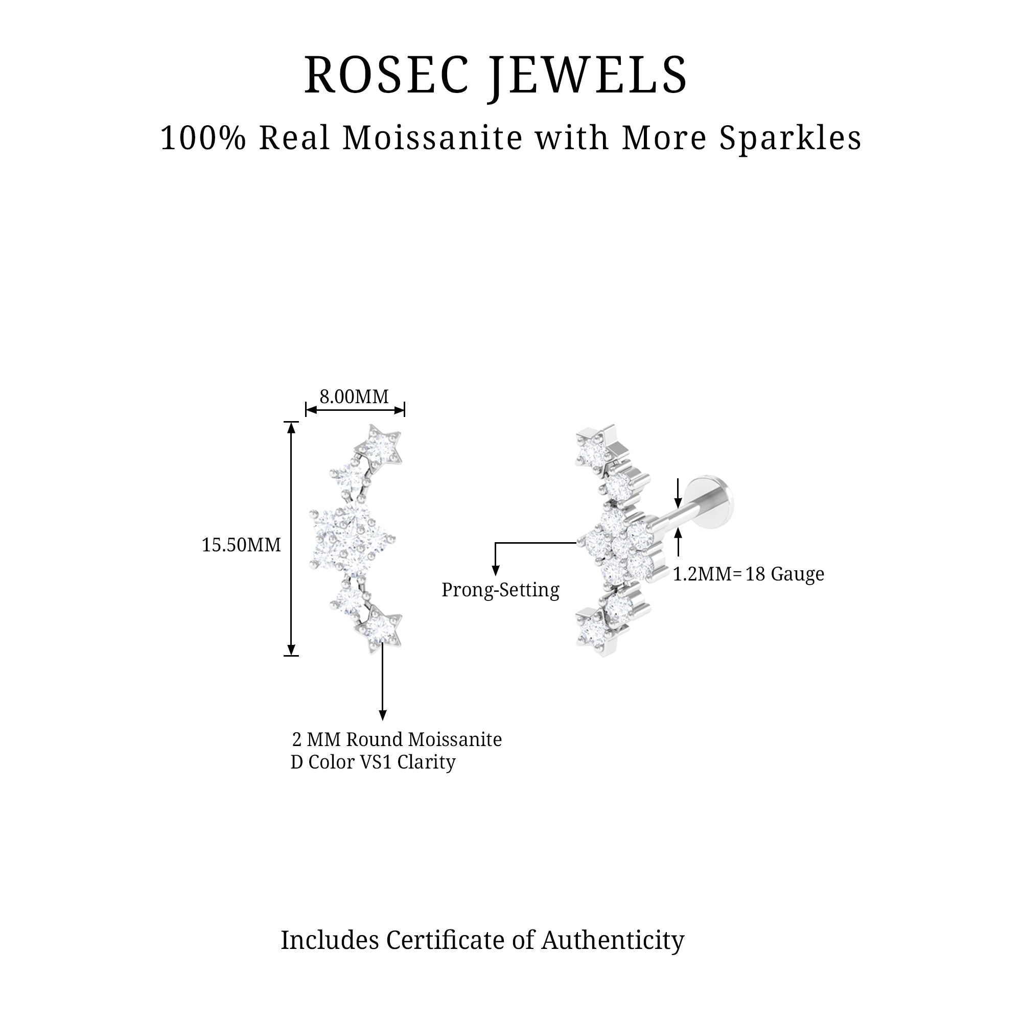 Unique Moissanite Star Crawler Earring for Helix Piercing