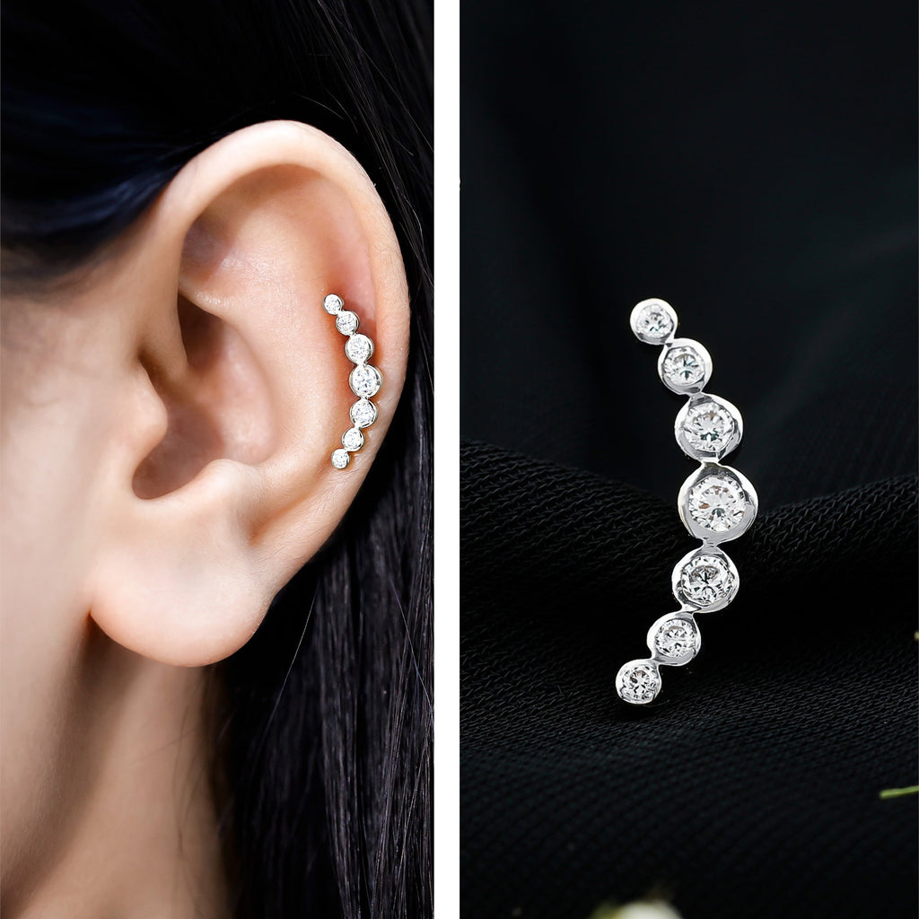 Graduated Bezel Set Moissanite Curved Crawler Earring