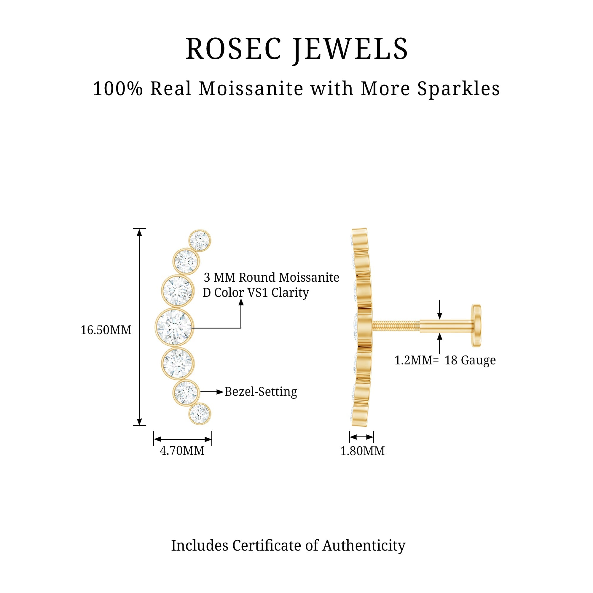 Graduated Bezel Set Moissanite Curved Crawler Earring