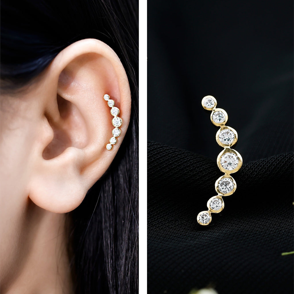 Graduated Bezel Set Moissanite Curved Crawler Earring
