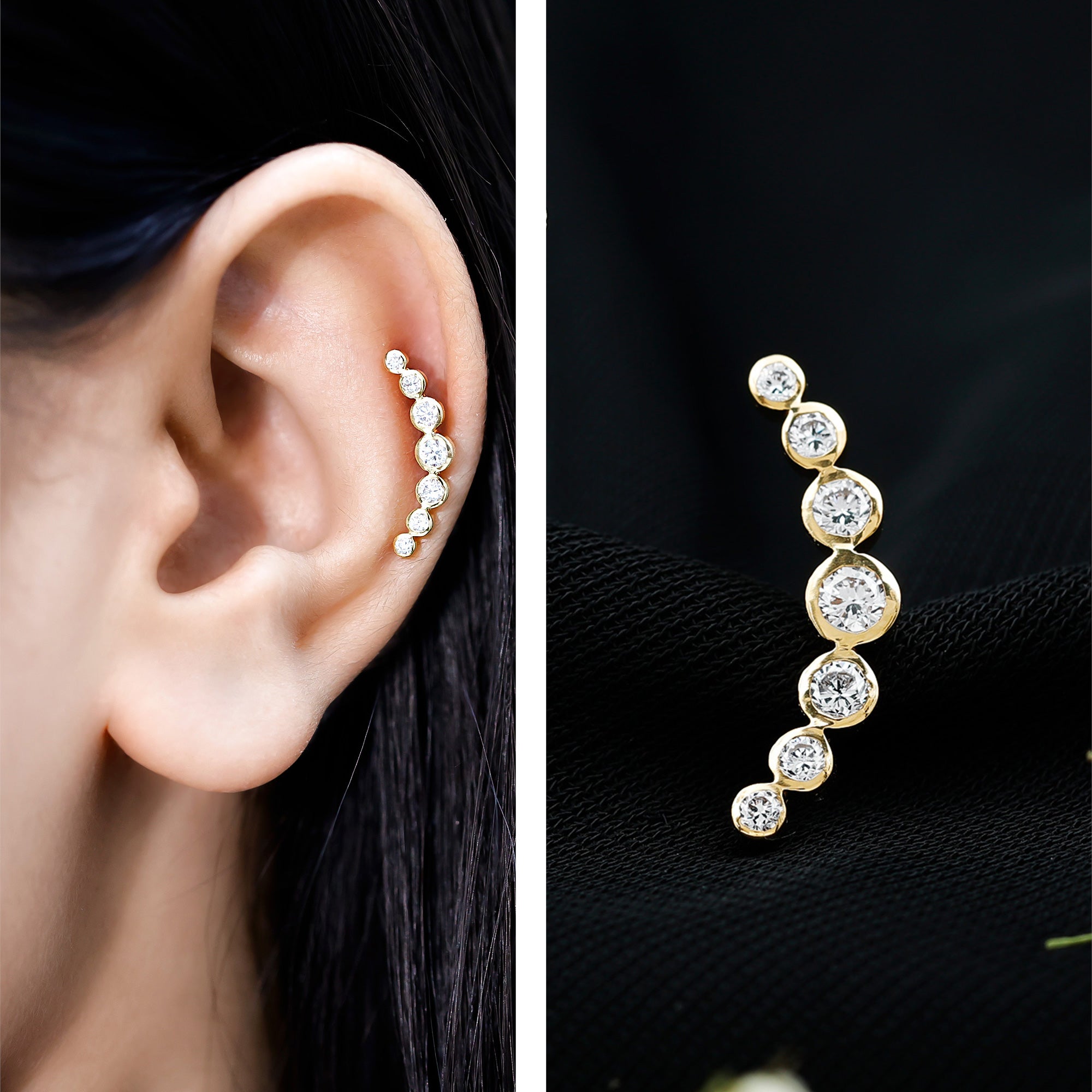 Graduated Bezel Set Moissanite Curved Crawler Earring