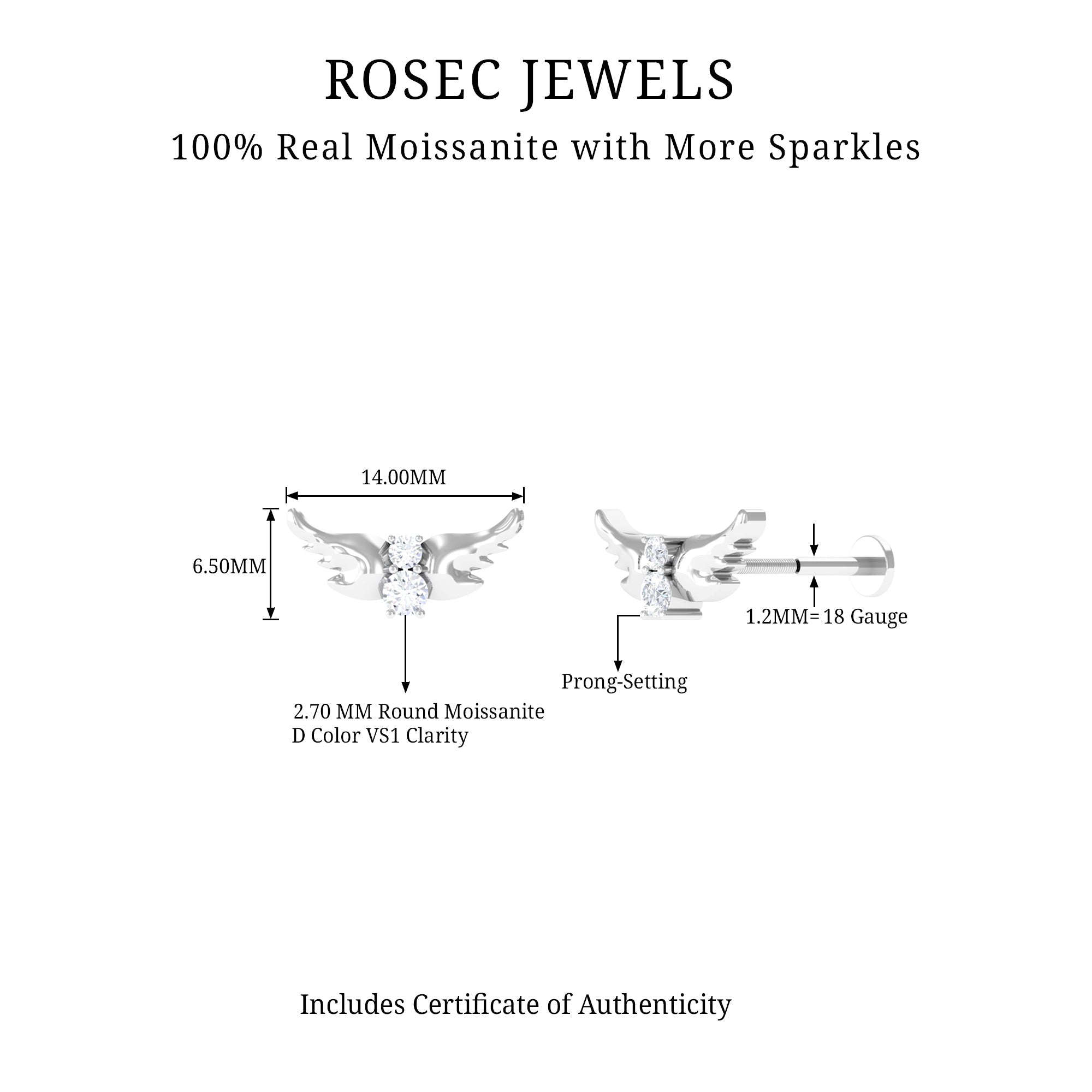 Round Moissanite Gold Bat Earring for Cartilage Piercing