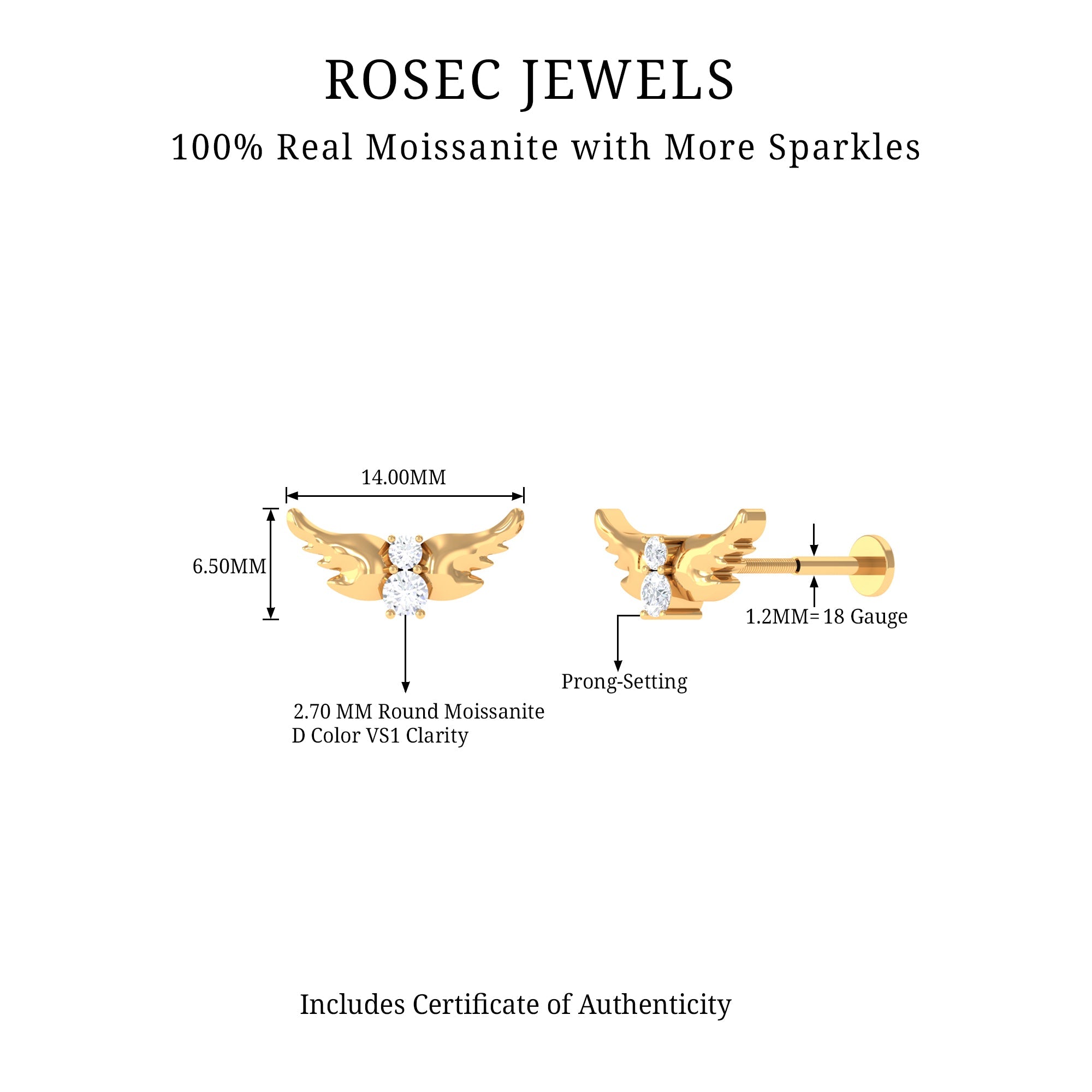 Round Moissanite Gold Bat Earring for Cartilage Piercing