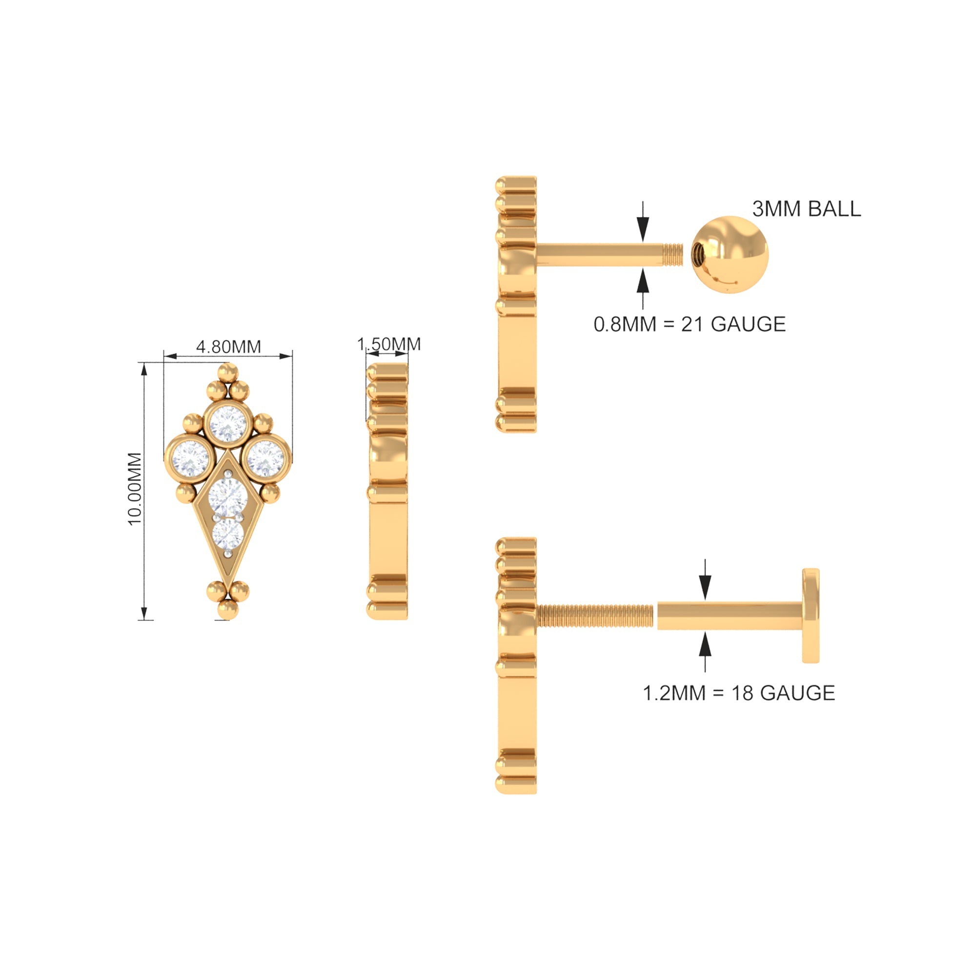 Diamond Art Deco Cartilage Earring with Beads