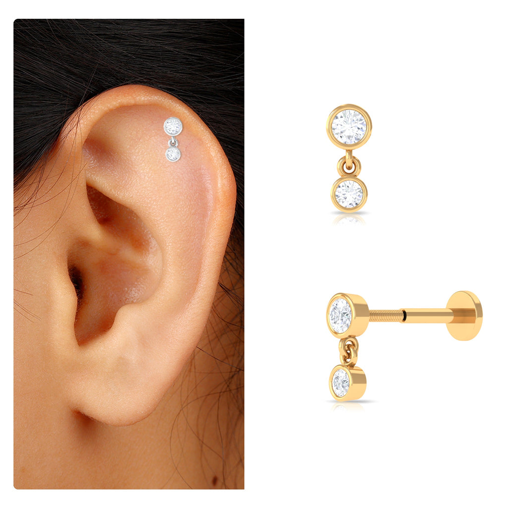 Round Bezel Set Moissanite Drop Earring for Helix Piercing